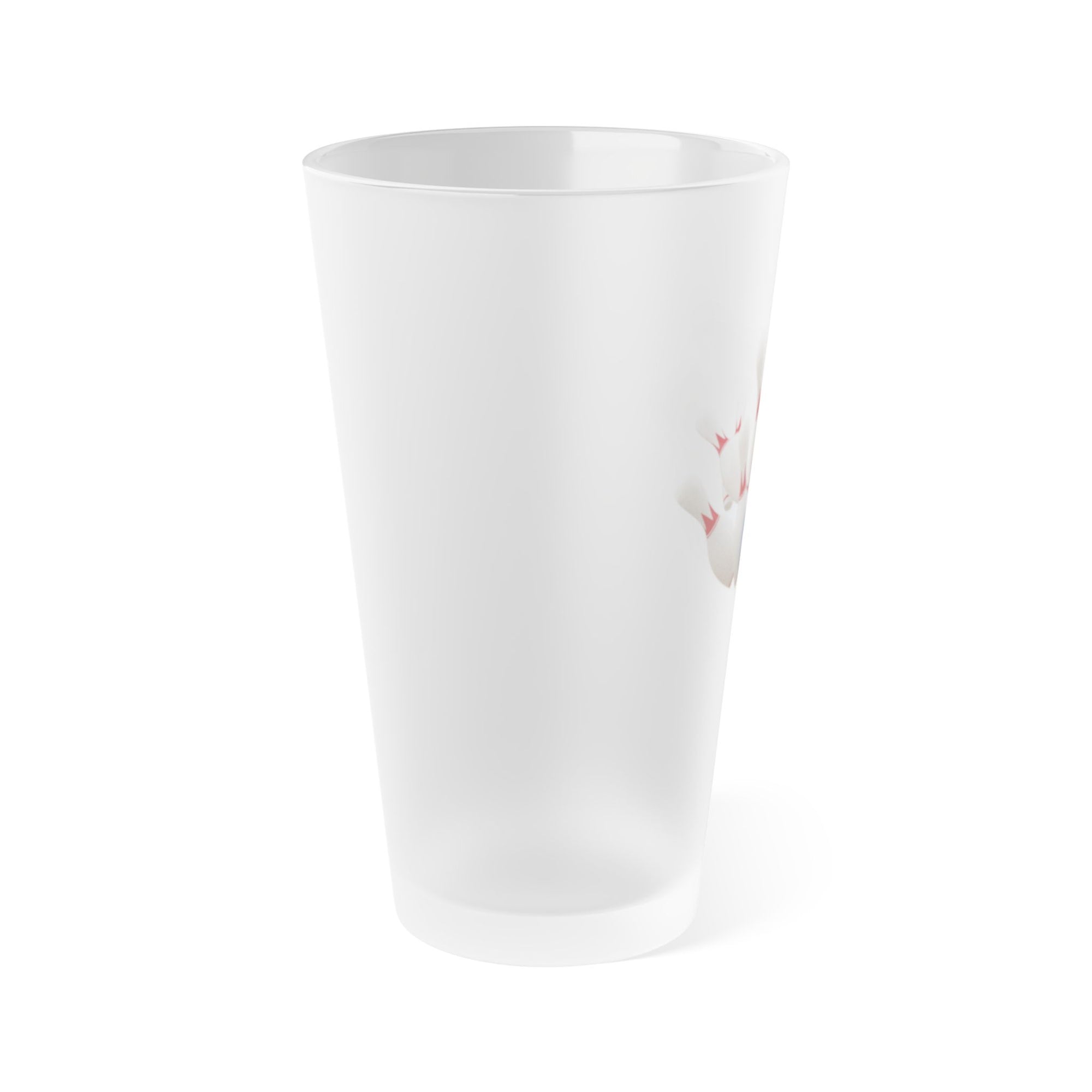The side view of a frosted pint glass with a graphic of a blue bowling ball knocking over bowling pins, on a white background