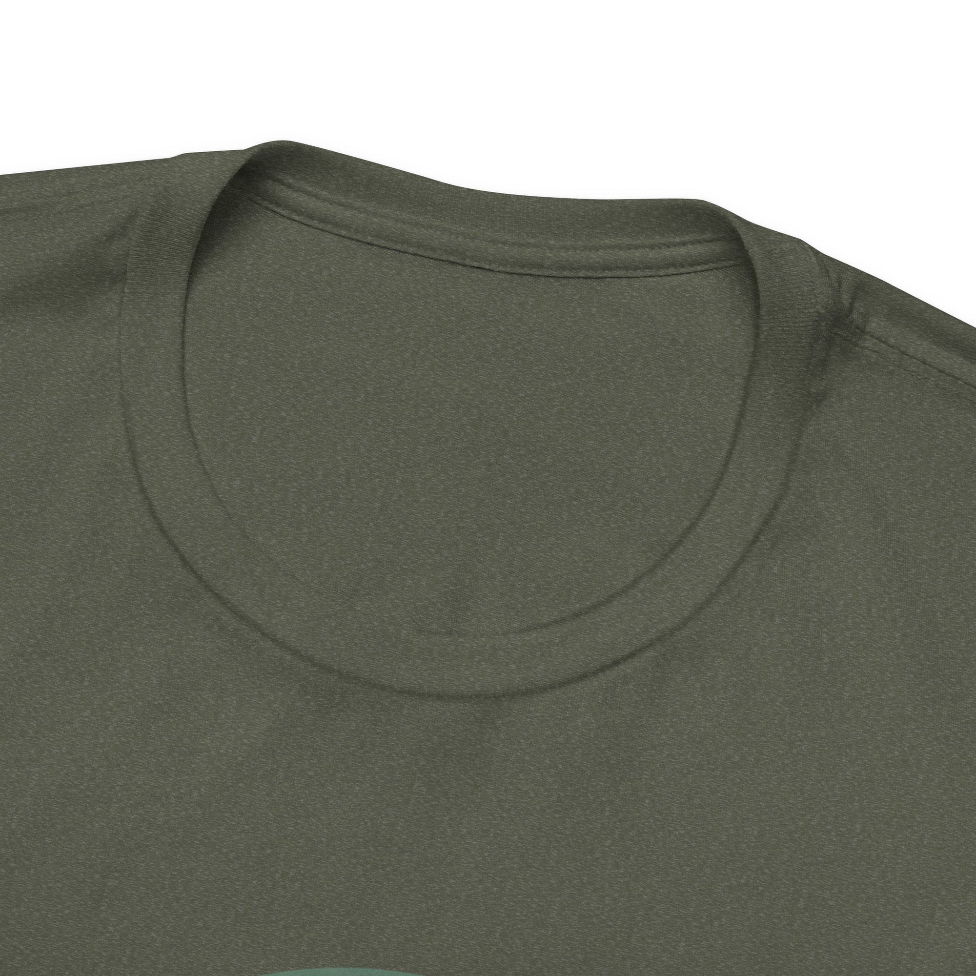 Close-up of a green t-shirt with a focus on the neckline.