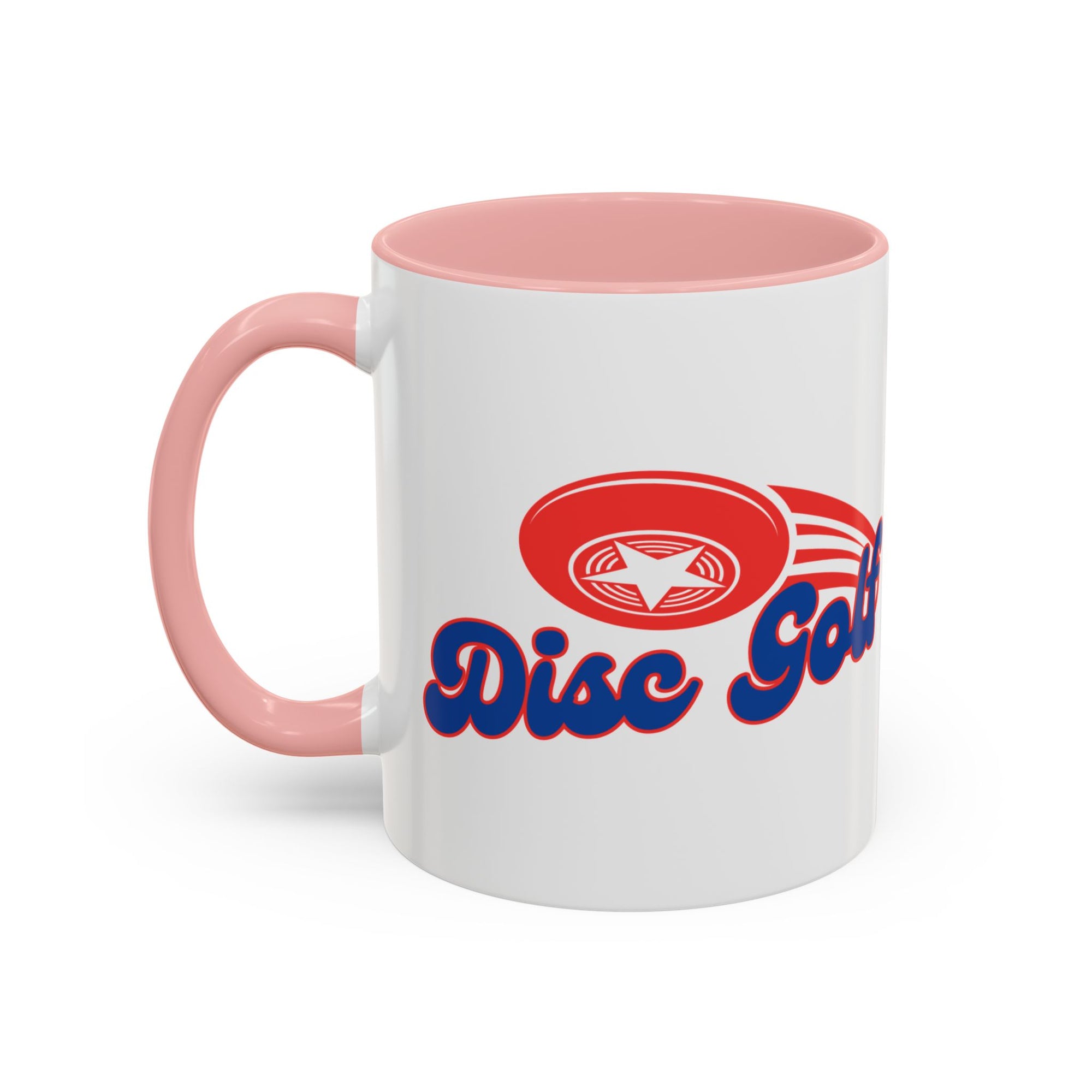 A ceramic coffee mug with pink accents on the handle and interior, with 'Disc Golf' in a blue script text outlined in red and disc golf with motion trails, against a white background