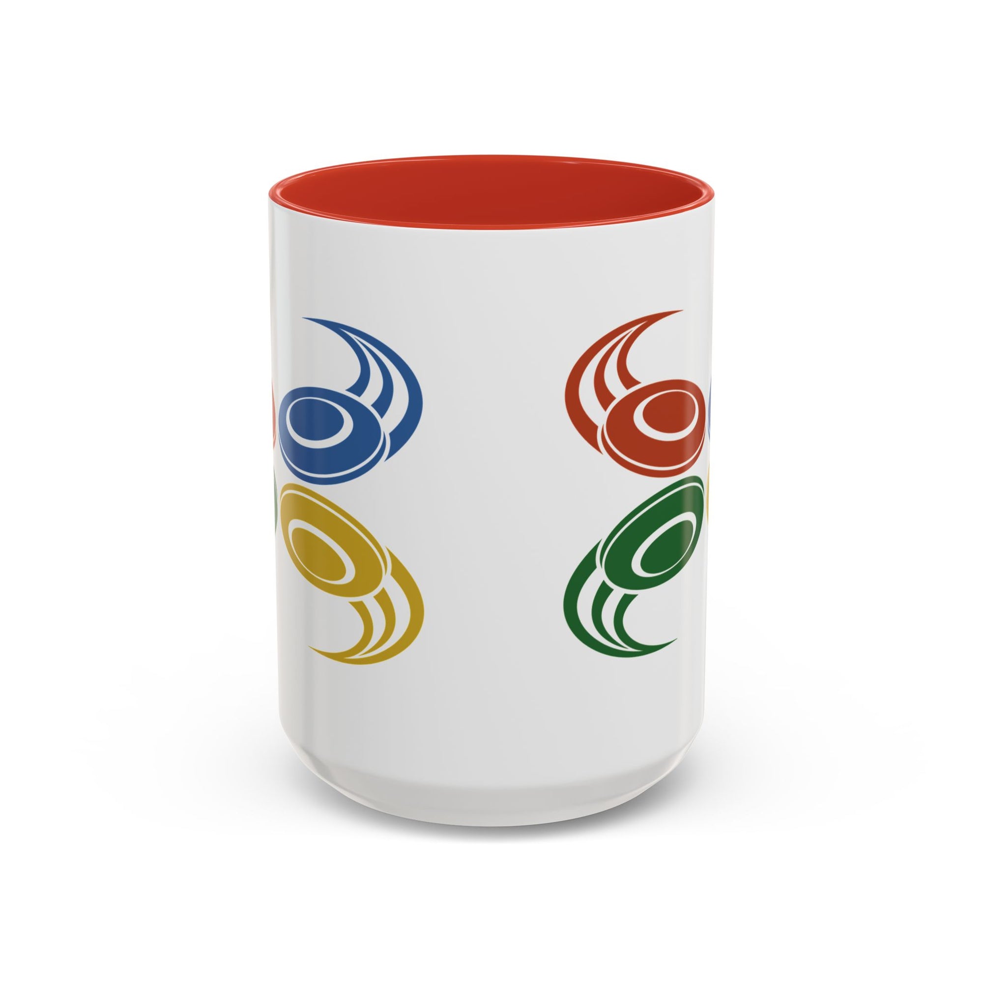 The view of the front of a ceramic mug with red accents on the handle and interior, featuring a graphic of four colorful disc golf discs