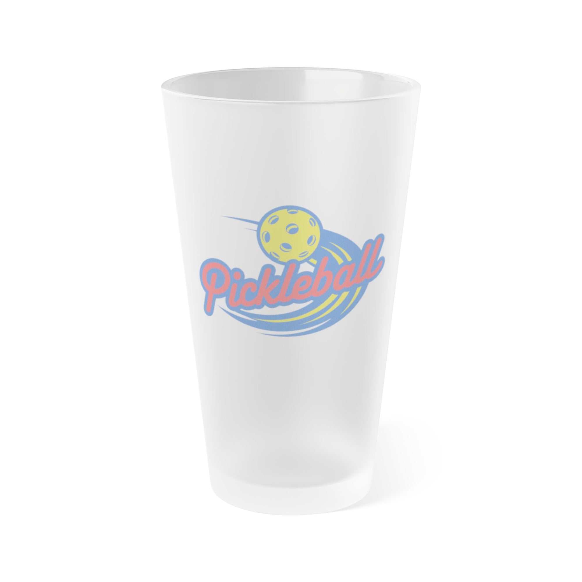 A frosted pint glass with an image of a pickleball logo and a yellow pickleball, on a white background.