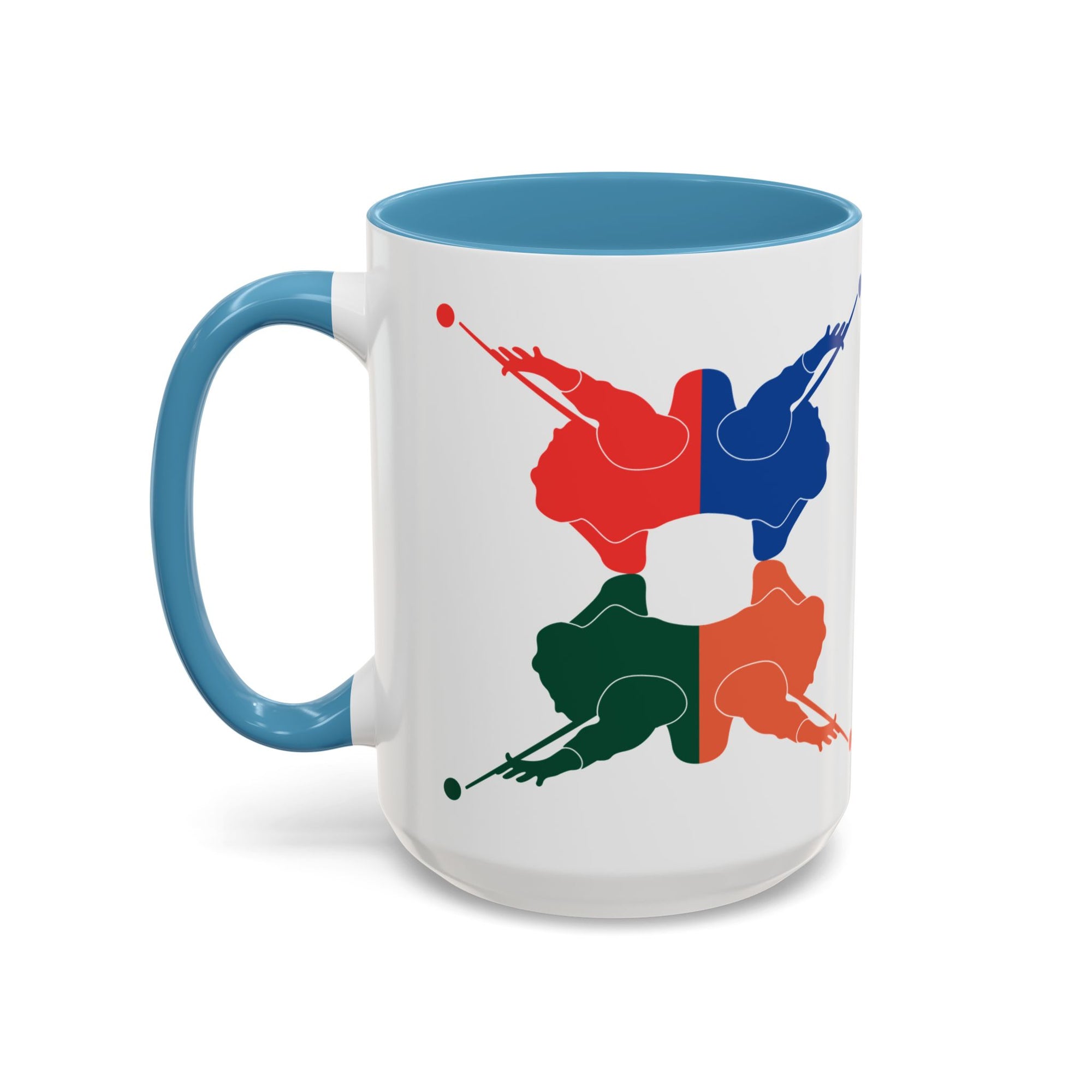 A white ceramic coffee mug with light blue accents on the handle and interior, with colorful graphic of 4 billiards player silhouettes in a pop art style, against a white background