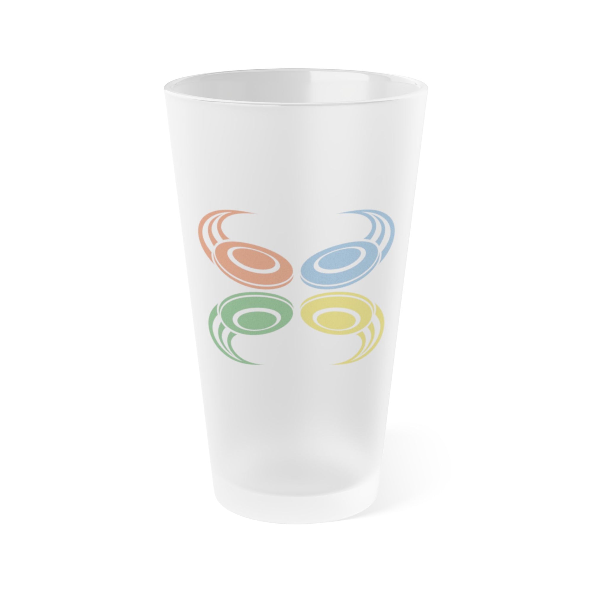 A frosted pint glass with four colorful disc golf disc with motion trails, on a white background
