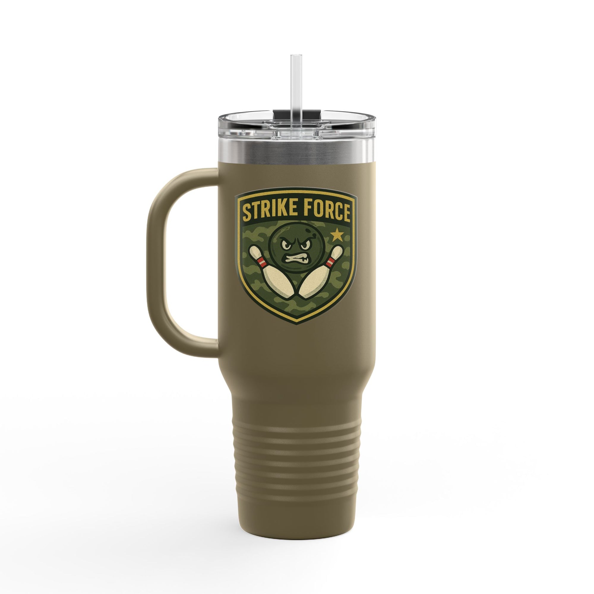 Green 40oz travel mug with lid and straw, with bowling 'Strike Force' military-style patch on a white background