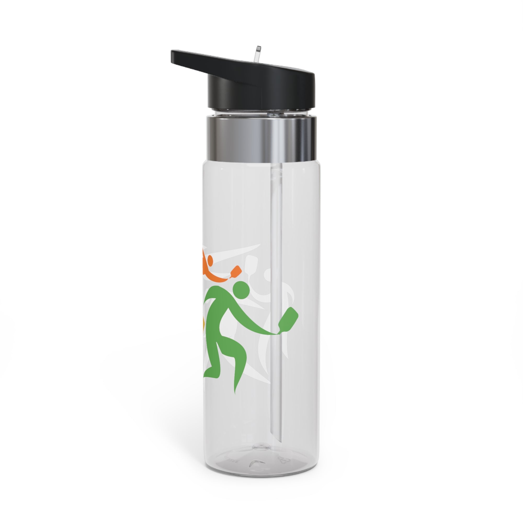 A clear water bottle with a lid, featuring an image of four colorful pickleball player drawings playing pickleball against a white background