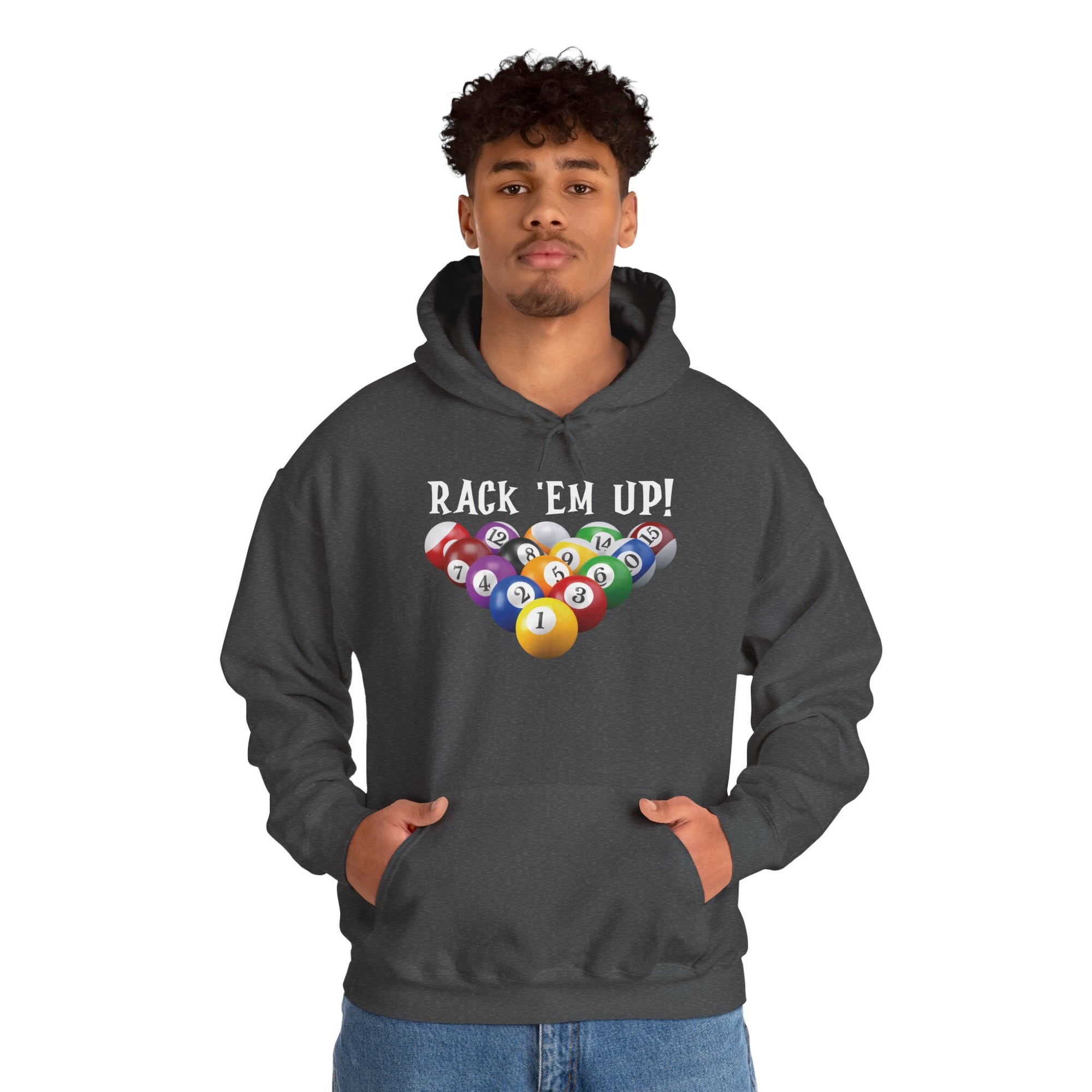 A man wearing a dark gray hoodie with racked pool ball design and 'Rack 'Em Up!' text, against a white background