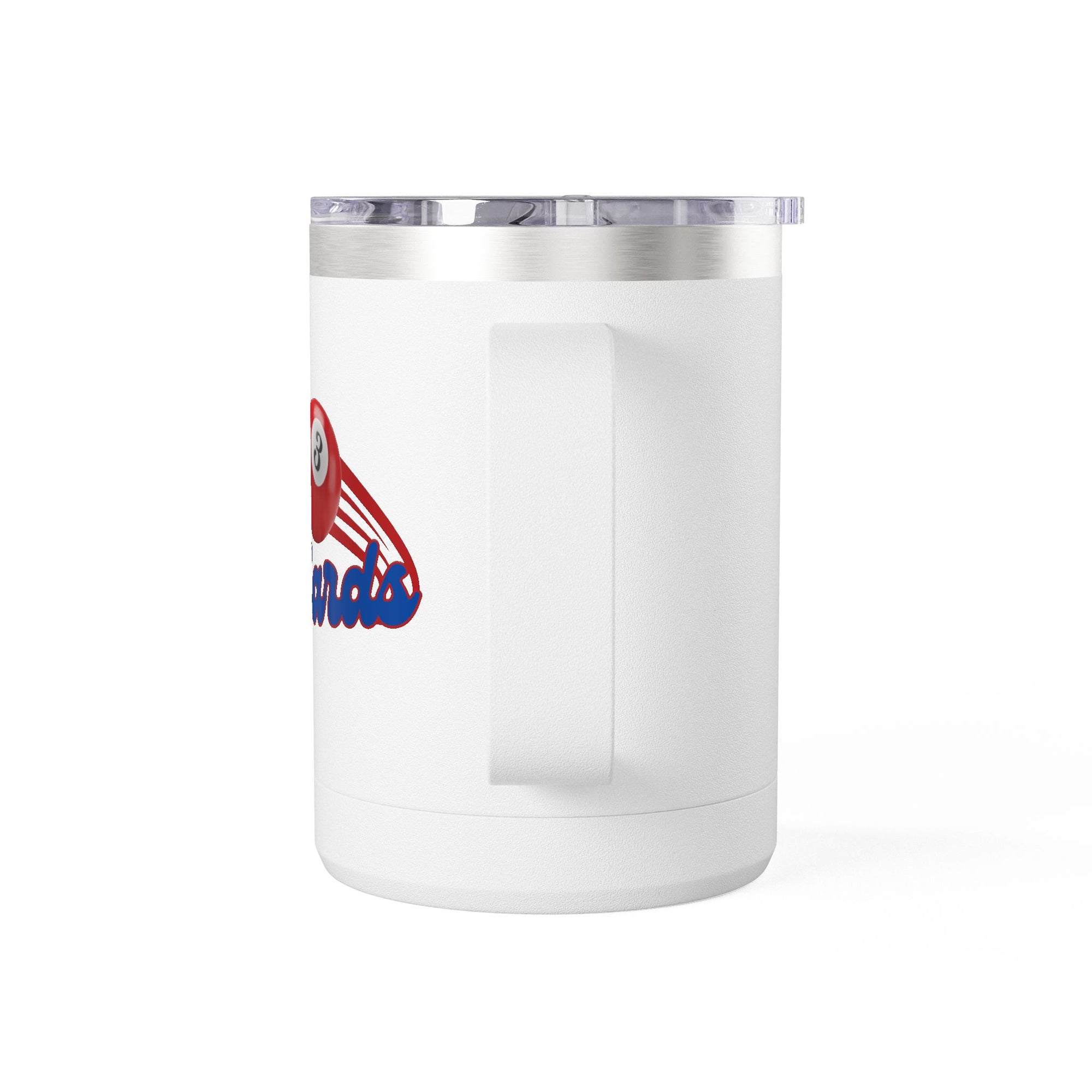 Side view of a white travel coffee mug tumbler with billiards ball and text that says "Billiards" against a white background