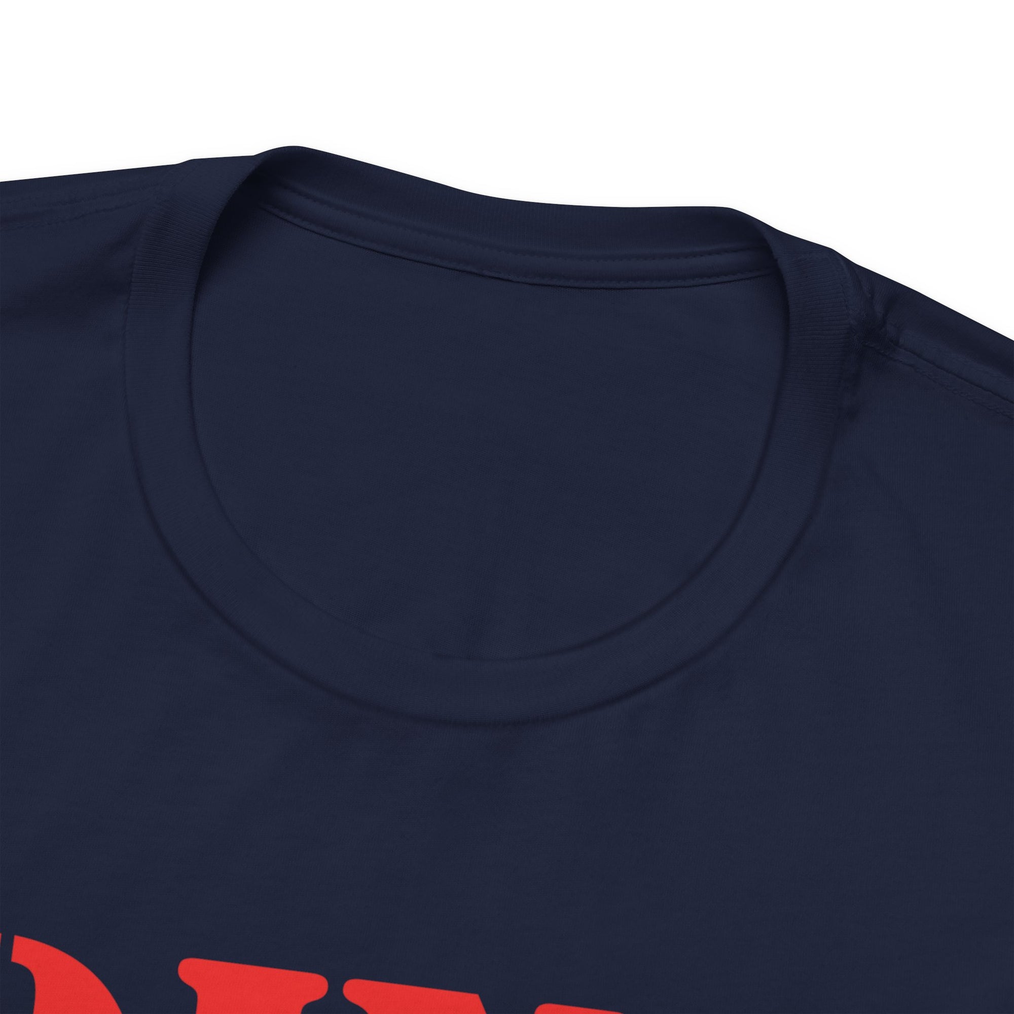 Neckline view of a navy blue t-shirt with red text 'DINK RESPONSIBLY' with a pickleball replacing the "O" in "Responsibly" on a hanger against a white background