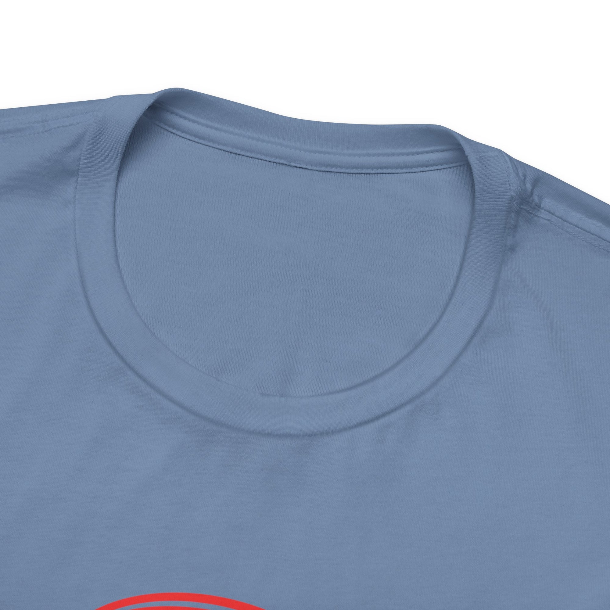 Close-up of the neckline of a cobalt blue t-shirt with 'Disc Golf' in a blue script text outlined in red and disc golf with motion trails, against a white background