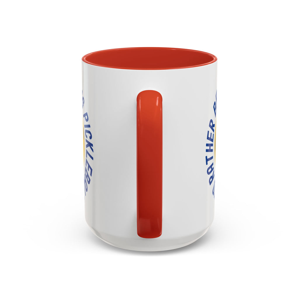 Back view of a coffee mug with red accents on the handle and inside, with a yellow pickleball and blue pickleball paddle with the words "I'd Rather Be Playing Pickleball" on a white background