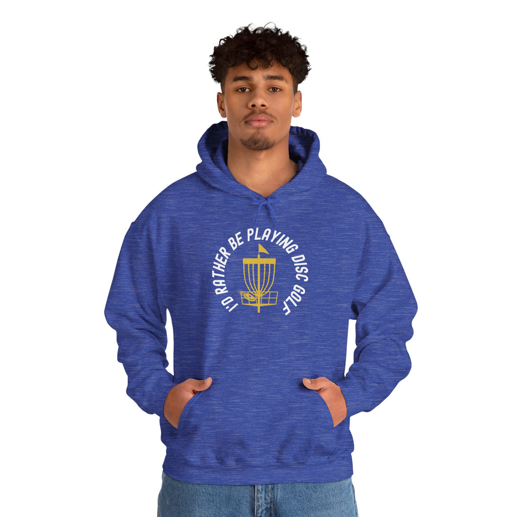 A man wearing a blue hoodie with a graphic of disc golf chains, basket, and disc and text that says "I'd Rather Be Playing Disc Golf" on a white background
