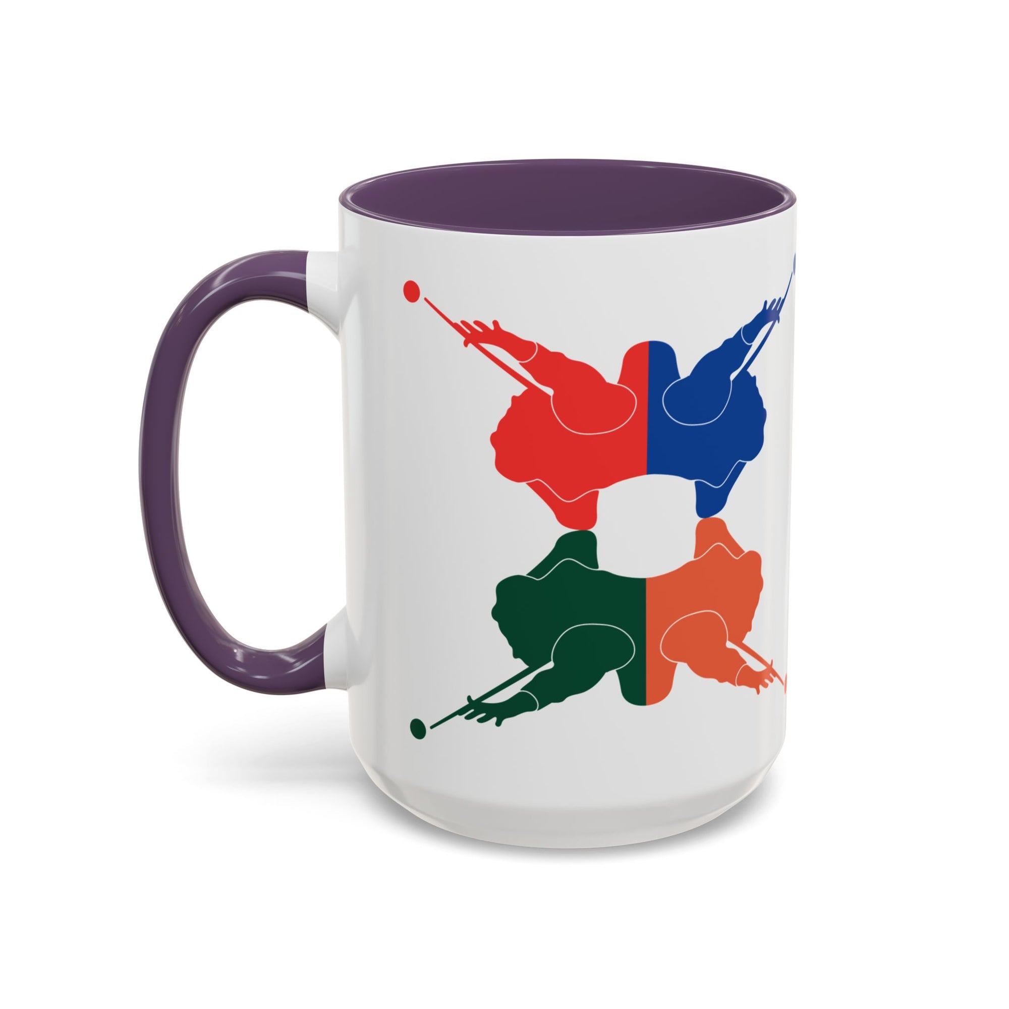 A white ceramic coffee mug with purple accents on the handle and interior, with colorful graphic of 4 billiards player silhouettes in a pop art style, against a white background