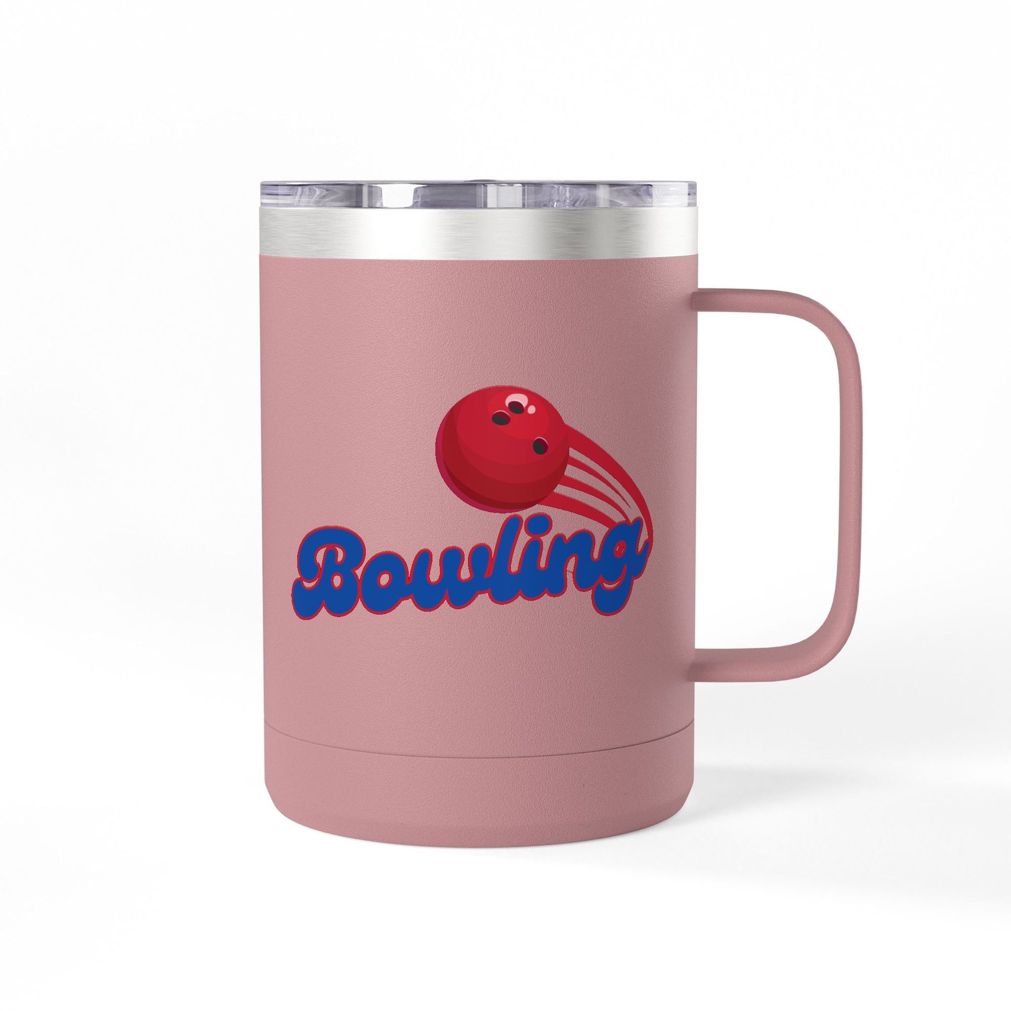 Pink travel mug with lid and handle with red bowling ball and blue 'Bowling' text on a white background
