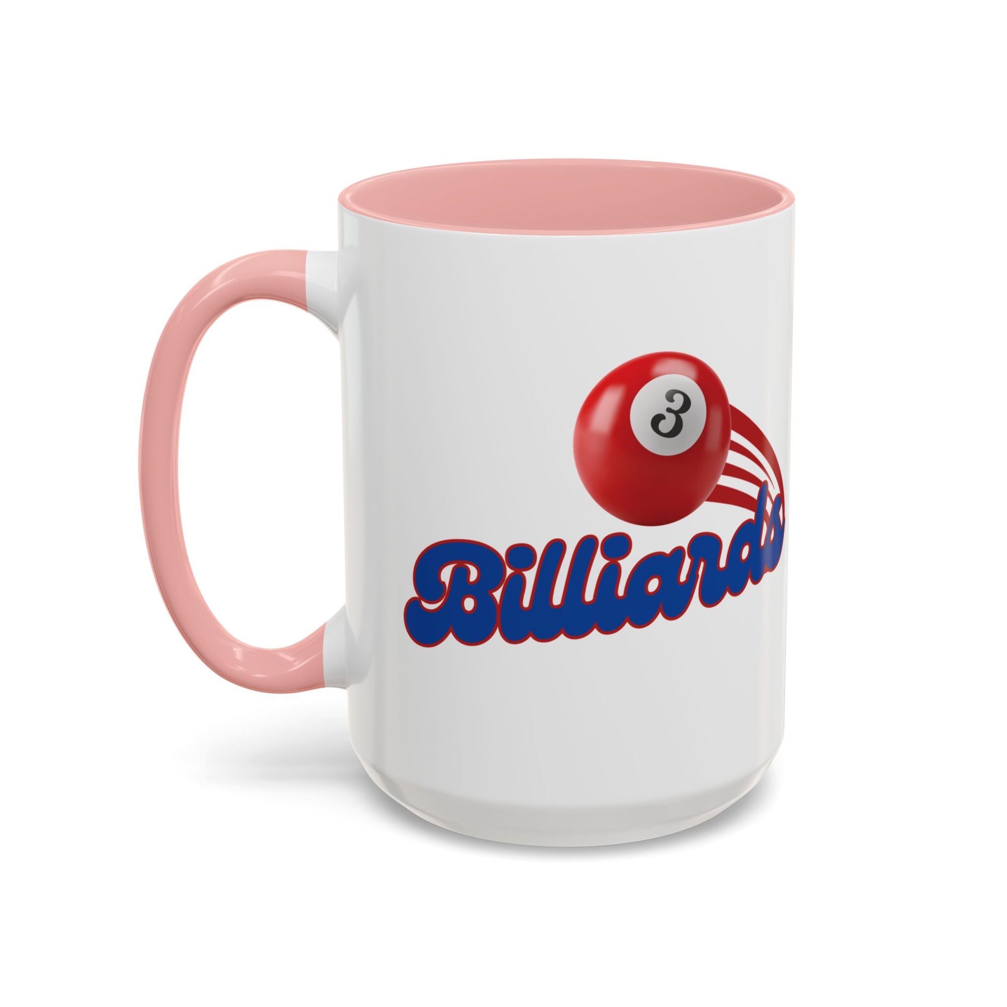 A white ceramic coffee mug with pink accents on the handle and interior, with billiards ball and text that says "Billiards" against a white background 