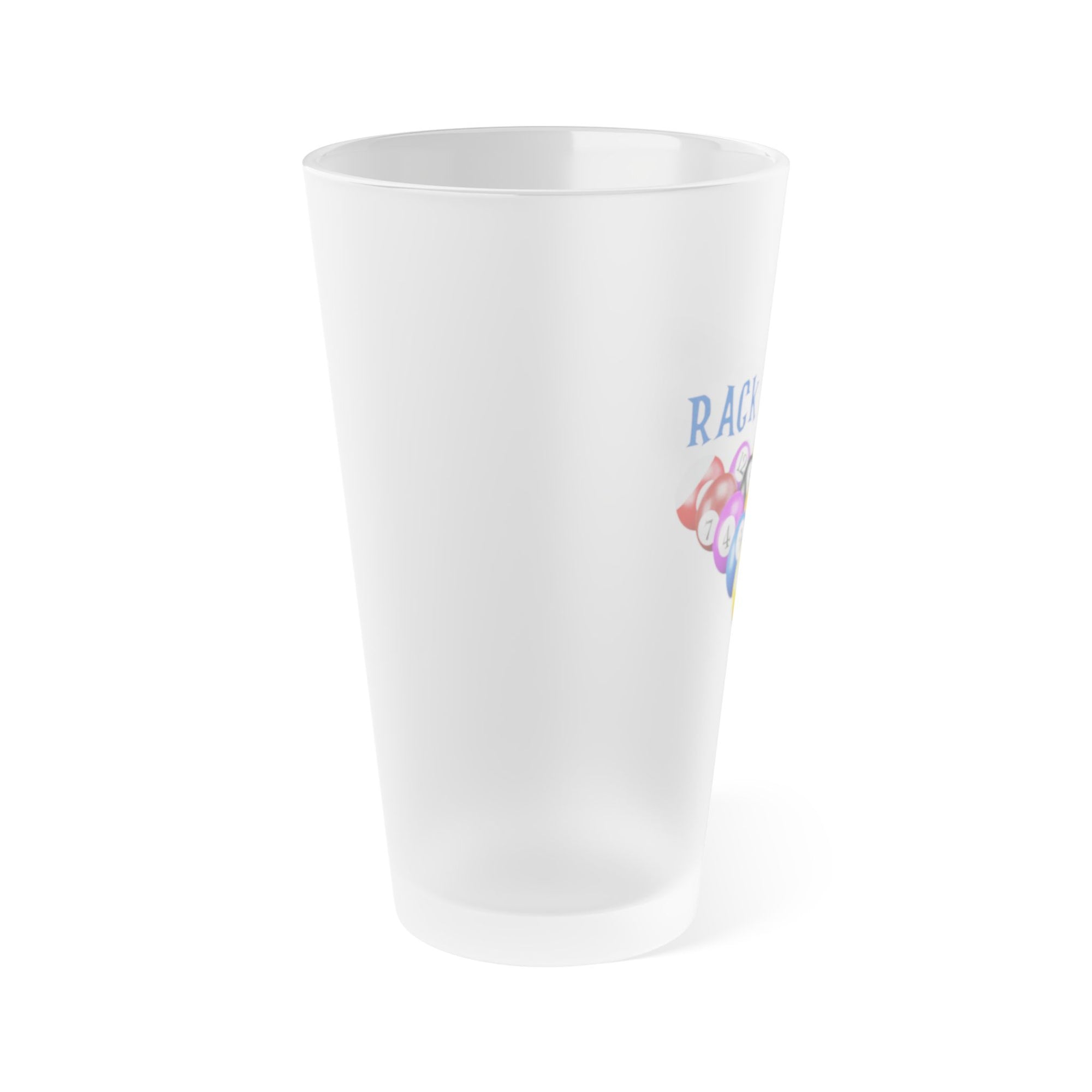Side view of a frosted pint glass racked billiards ball design and 'Rack 'Em Up!' text, against a white background