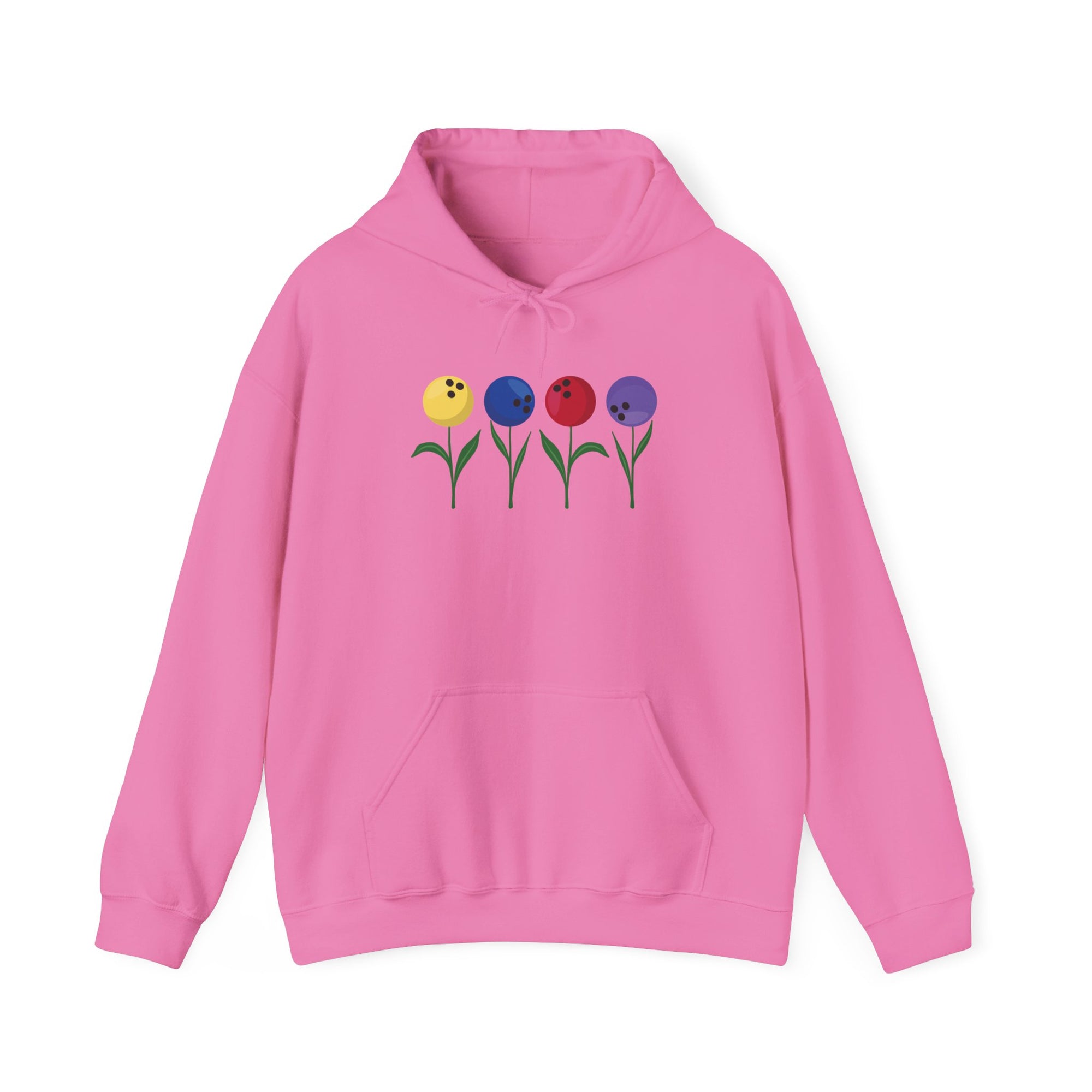 Pink hoodie with colorful flowers made out of bowling balls, on a white background