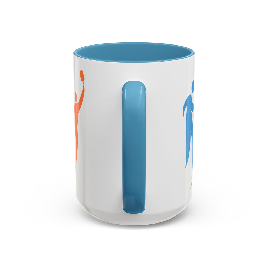 Back view of a ceramic coffee mug with blue accents on the handle and interior, featuring an image of four colorful pickleball player drawings playing pickleball against a white background