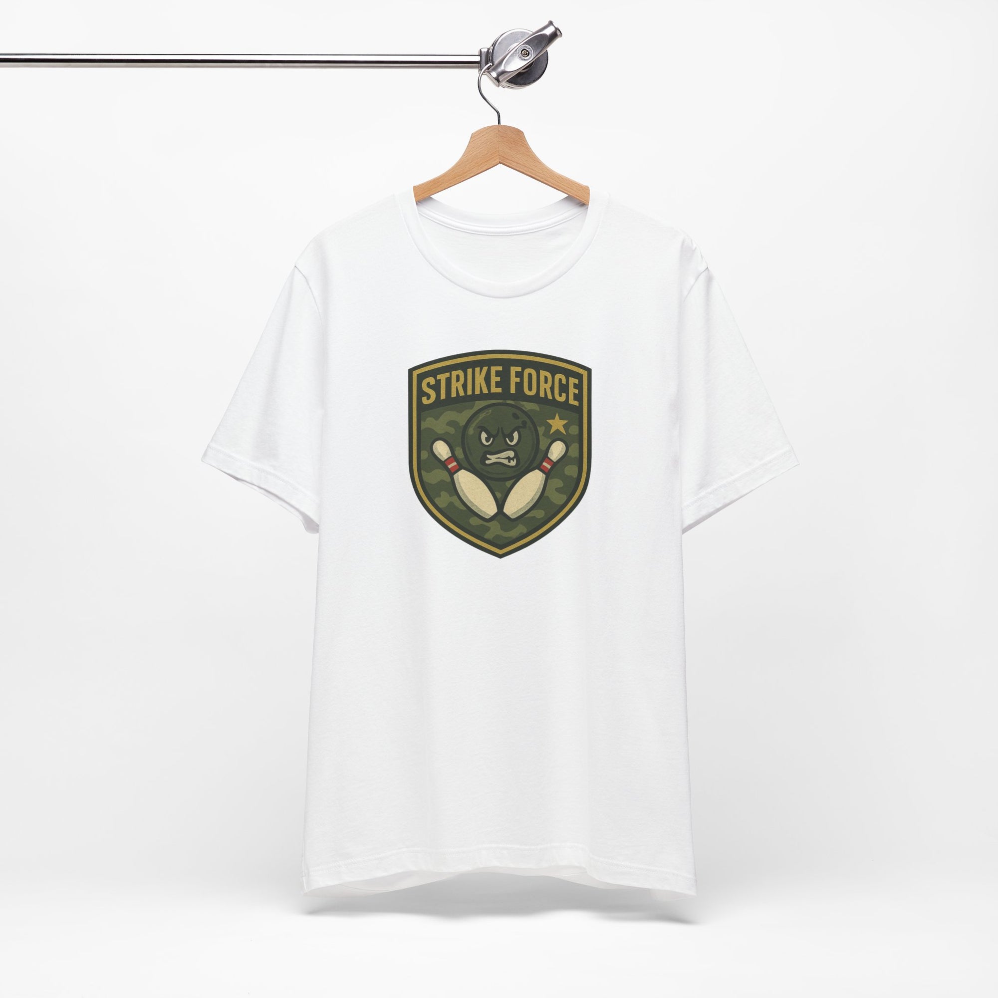 White t-shirt with bowling 'Strike Force' military-style patch on a hanger against a white background