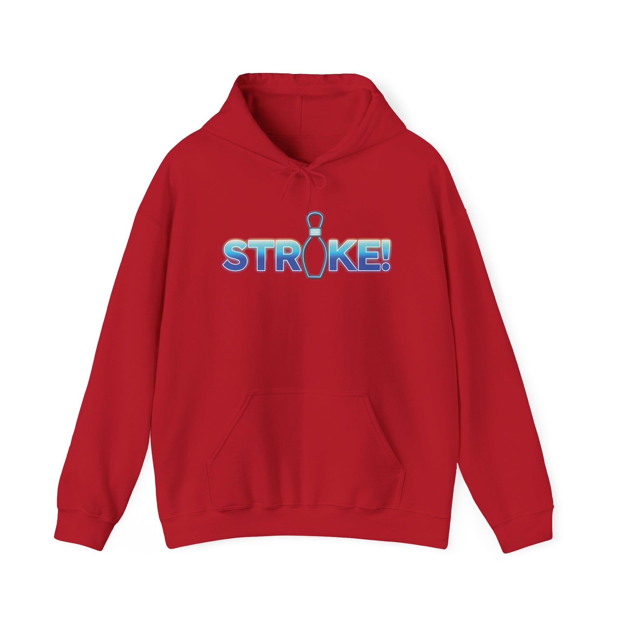Red bowling hoodie with 'STRIKE!' with the "I" replaced by a bowling pin, on a white background 