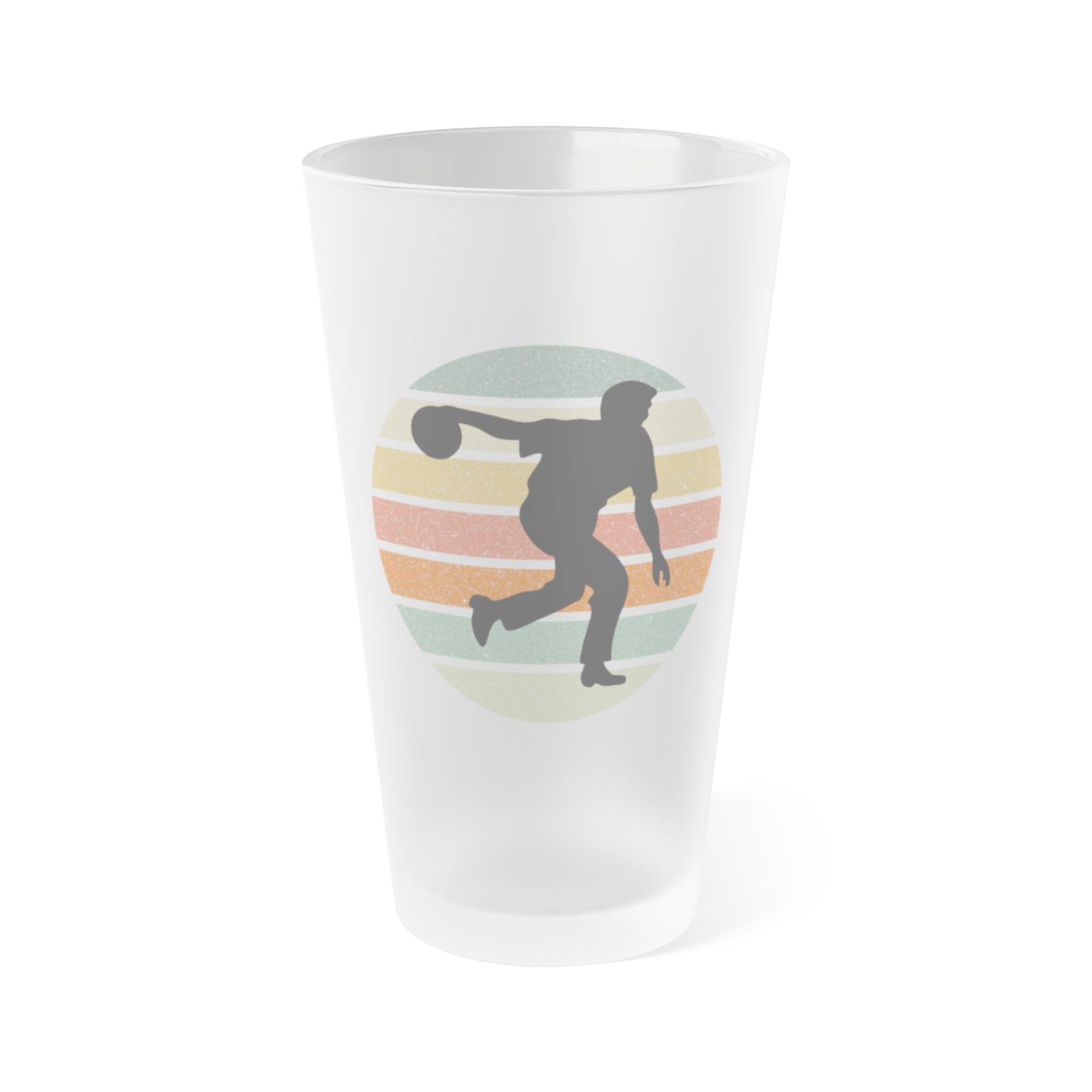 Frosted pint glass with a silhouette of a person bowling on a colorful background