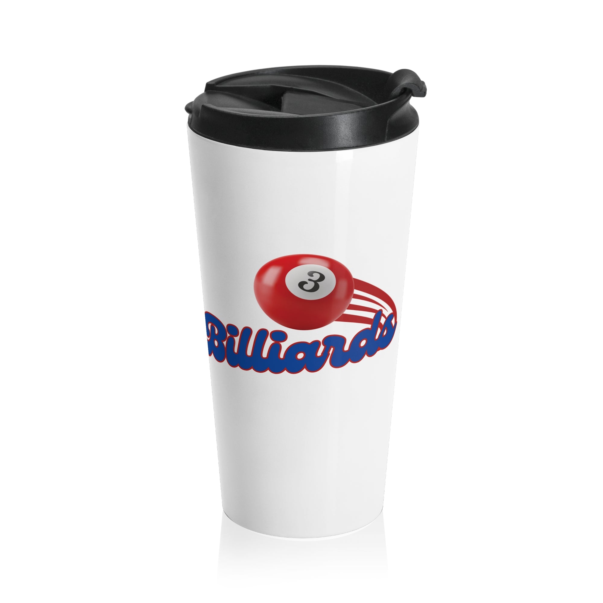White coffee tumbler with black lid, with billiards ball and text that says "Billiards" against a white background