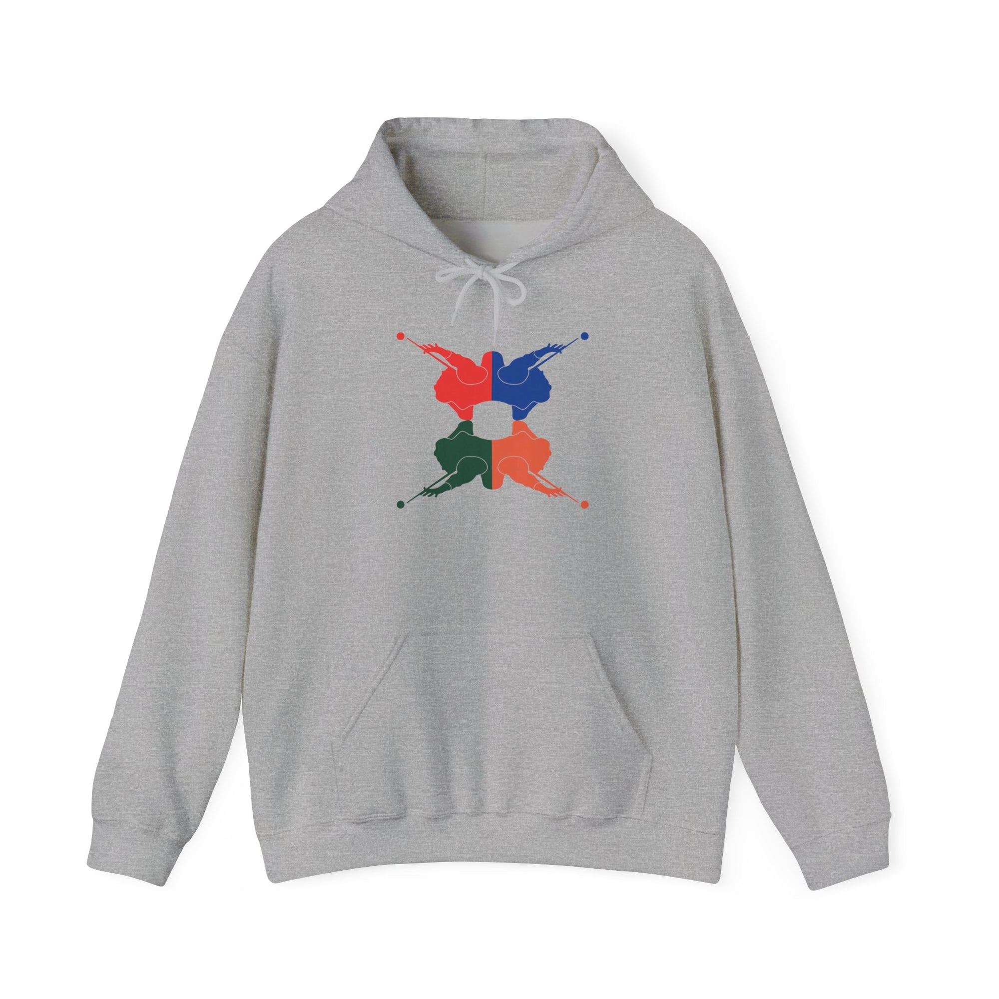 Gray hoodie with colorful graphic of 4 billiards player silhouettes in a pop art style, against a white background
