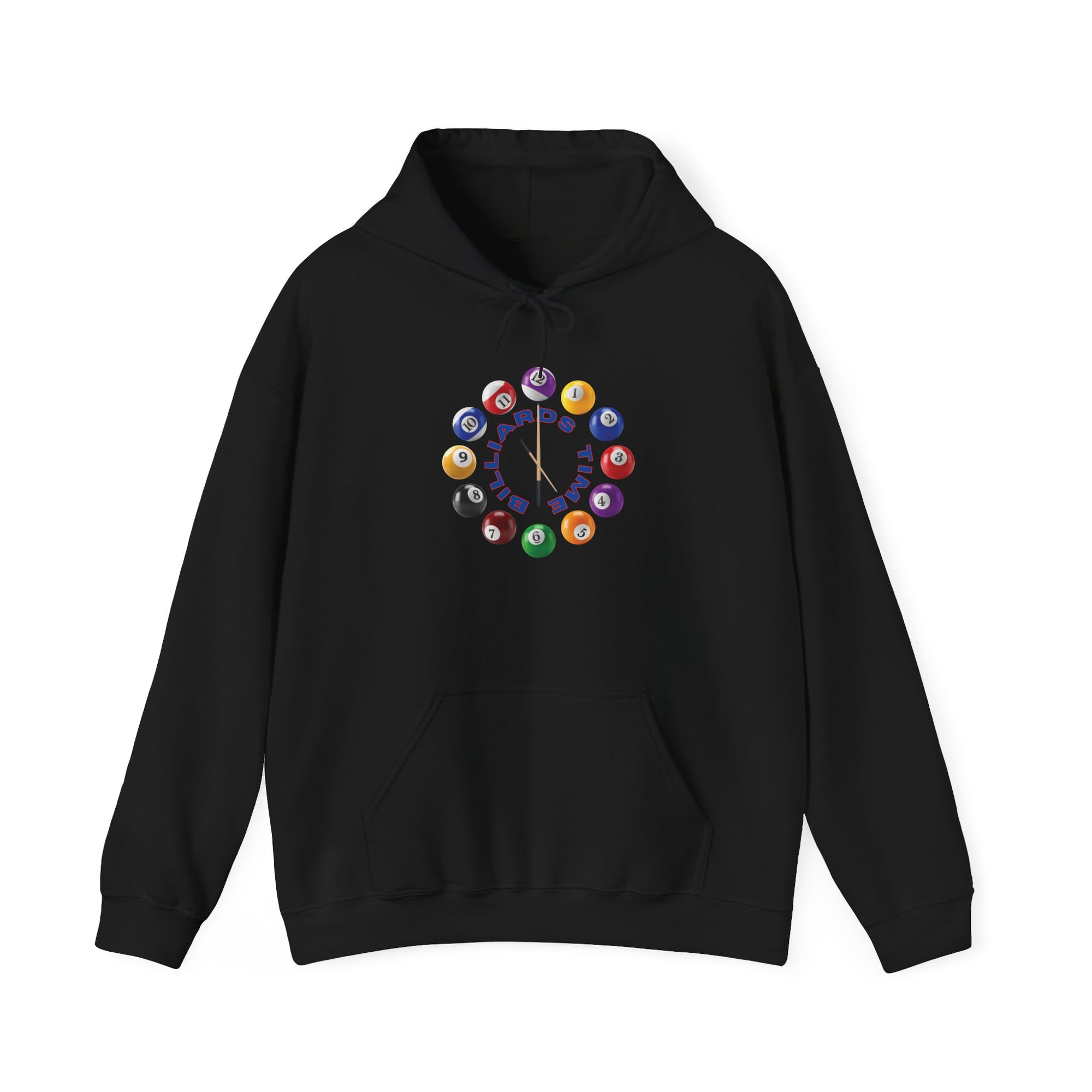 Black hoodie with the text "Billiards Time" surrounded by a clock made up of colorful billiard balls and cue sticks, on a white background