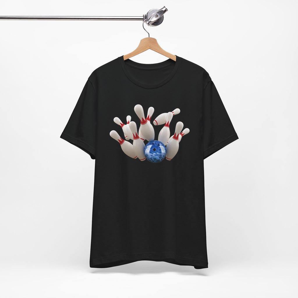 Black t-shirt with a graphic of a blue bowling ball knocking over bowling pins, on a hanger against a white background