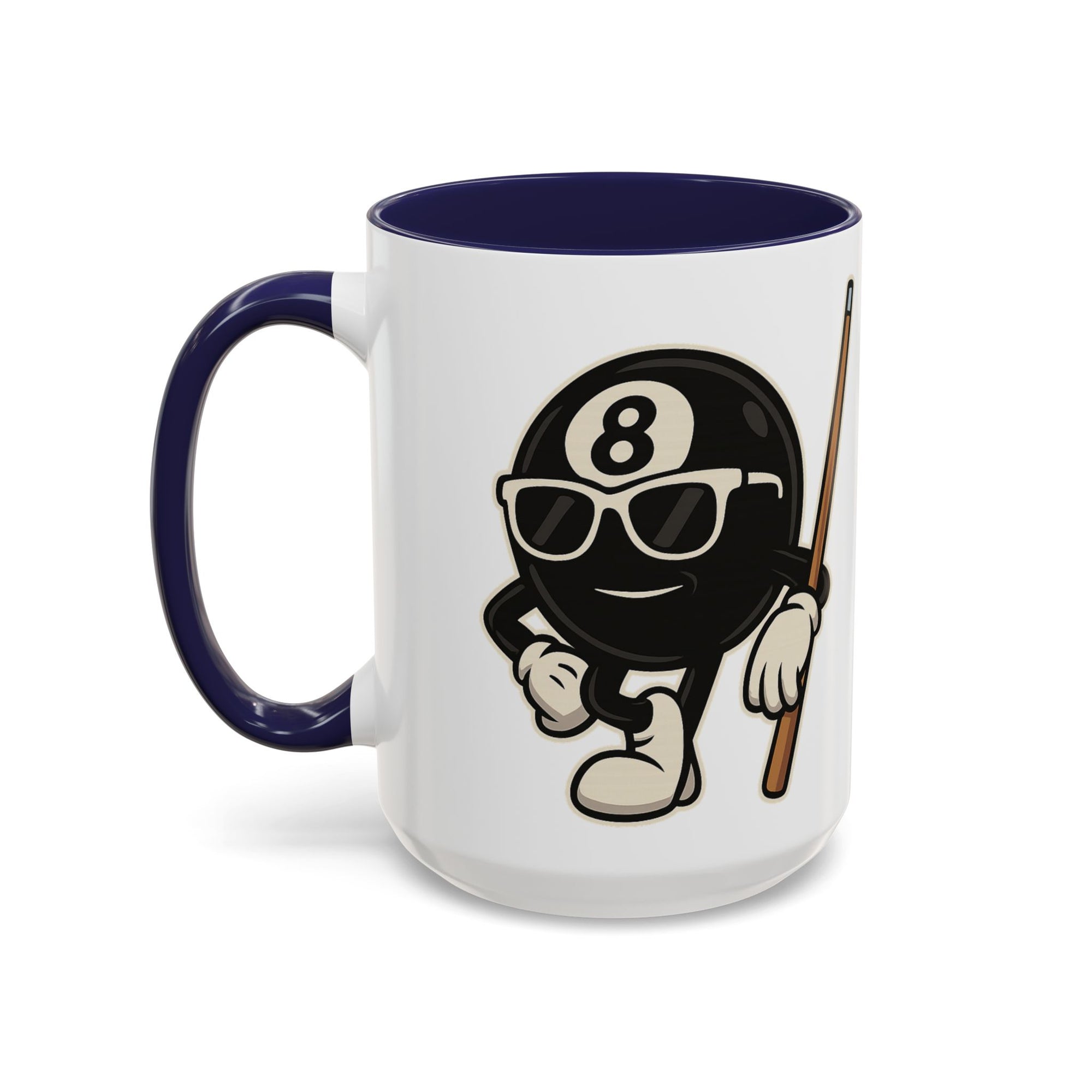 A white ceramic coffee mug with dark blue accents on the handle and interior, with a graphic of a cartoon billiards 8 ball with arms and legs and wearing sunglasses and leaning on a cue stick, on a white background