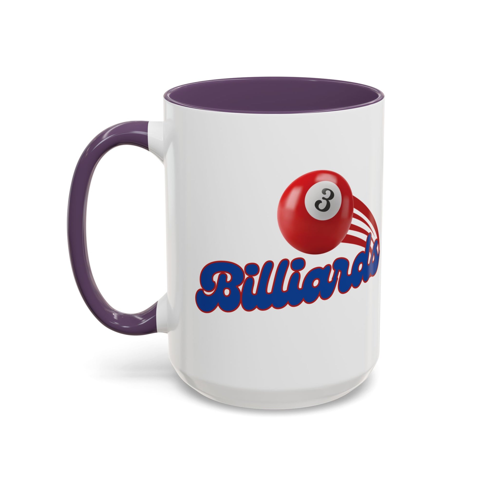 A white ceramic coffee mug with purple accents on the handle and interior, with billiards ball and text that says "Billiards" against a white background 