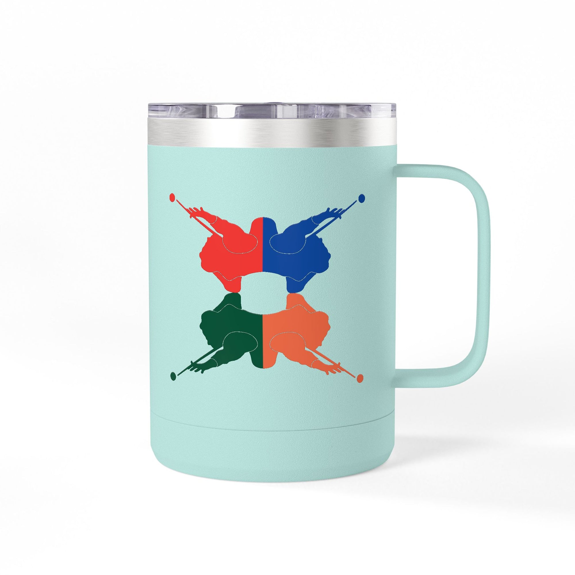 Teal travel mug tumbler with handle and lid, with colorful graphic of 4 billiards player silhouettes in a pop art style, against a white background