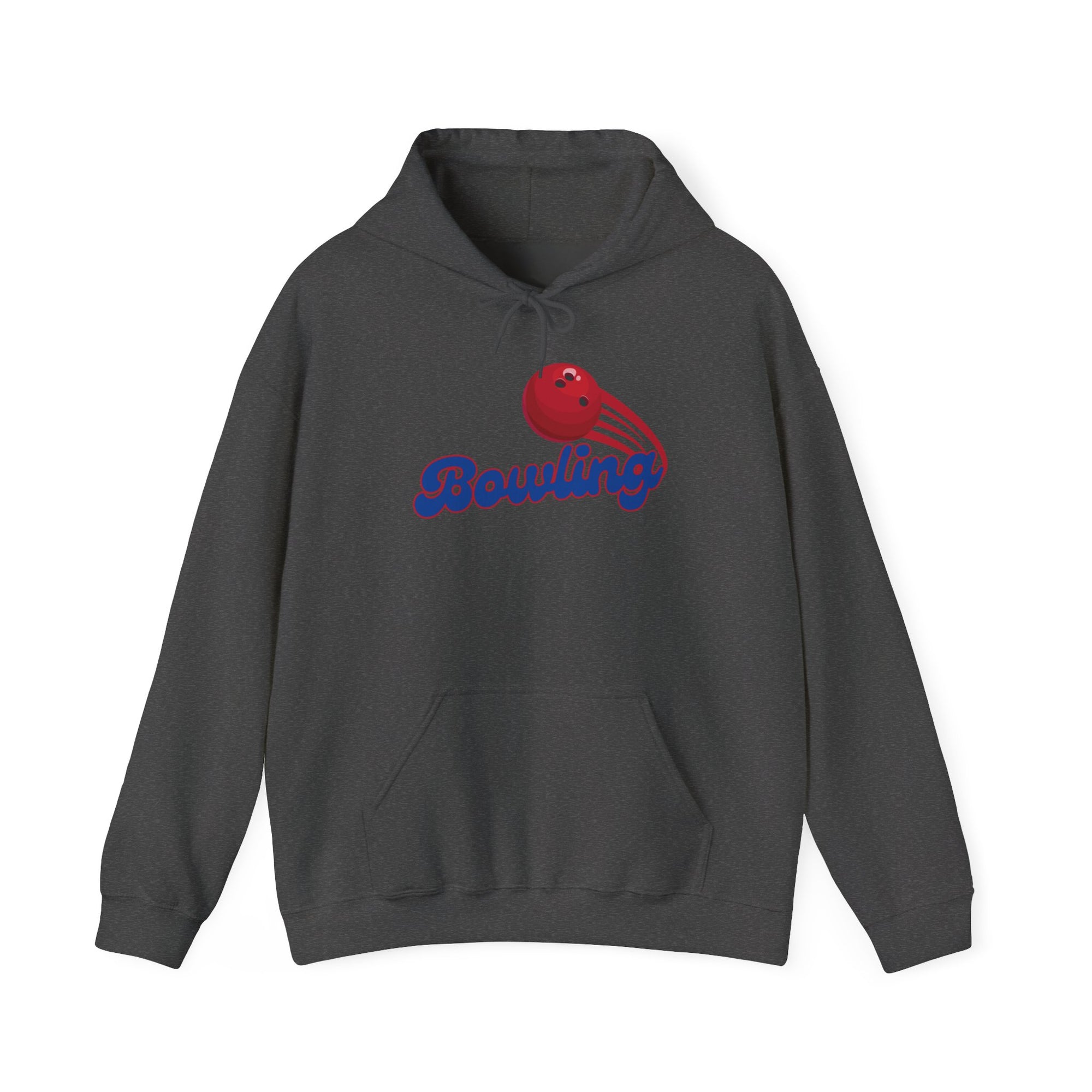 Dark gray hoodie with a red bowling ball graphic and 'Bowling' text on a white background