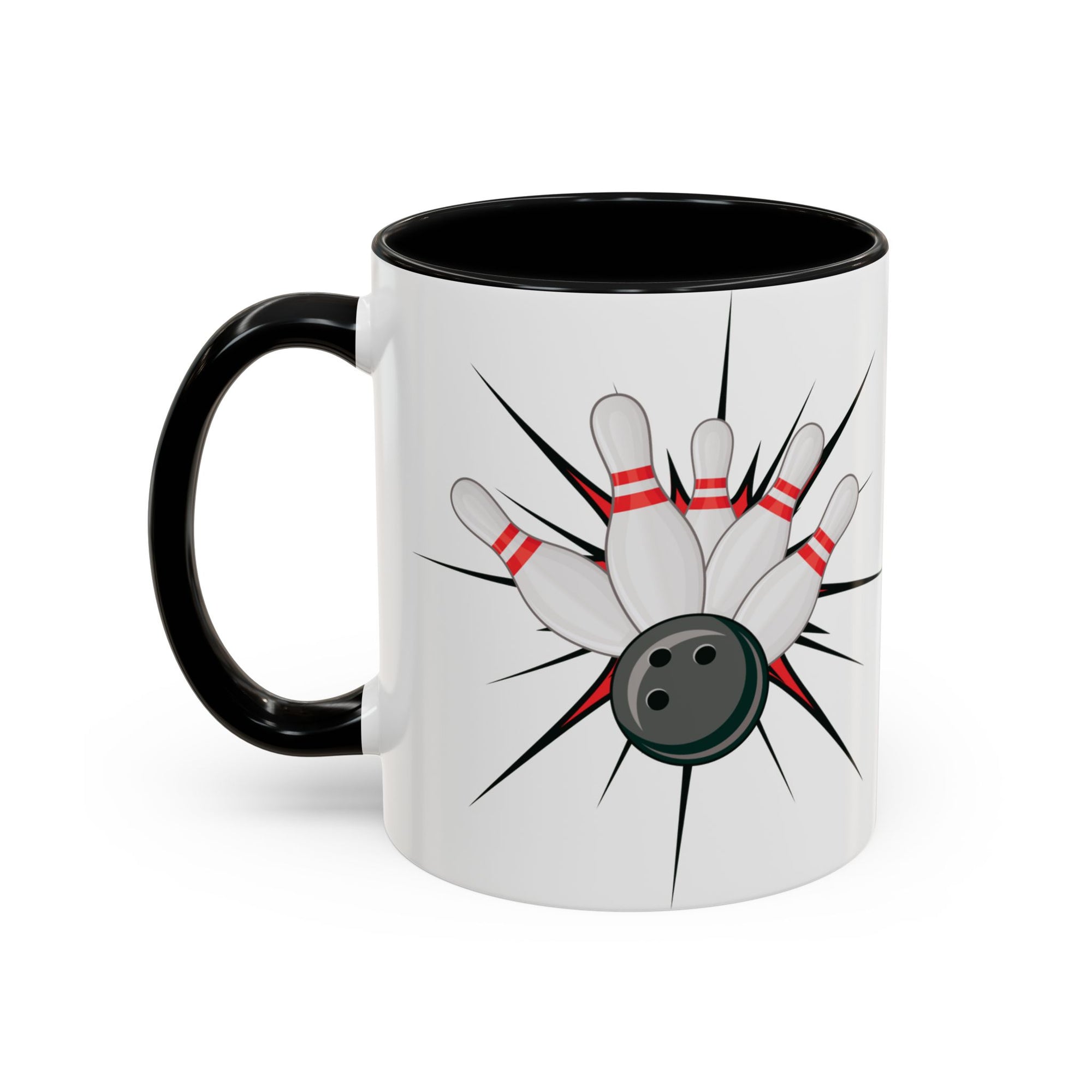 A white ceramic coffee mug with black accents on the handle and interior, with a graphic design of a bowling ball smashing into pins on a white background
