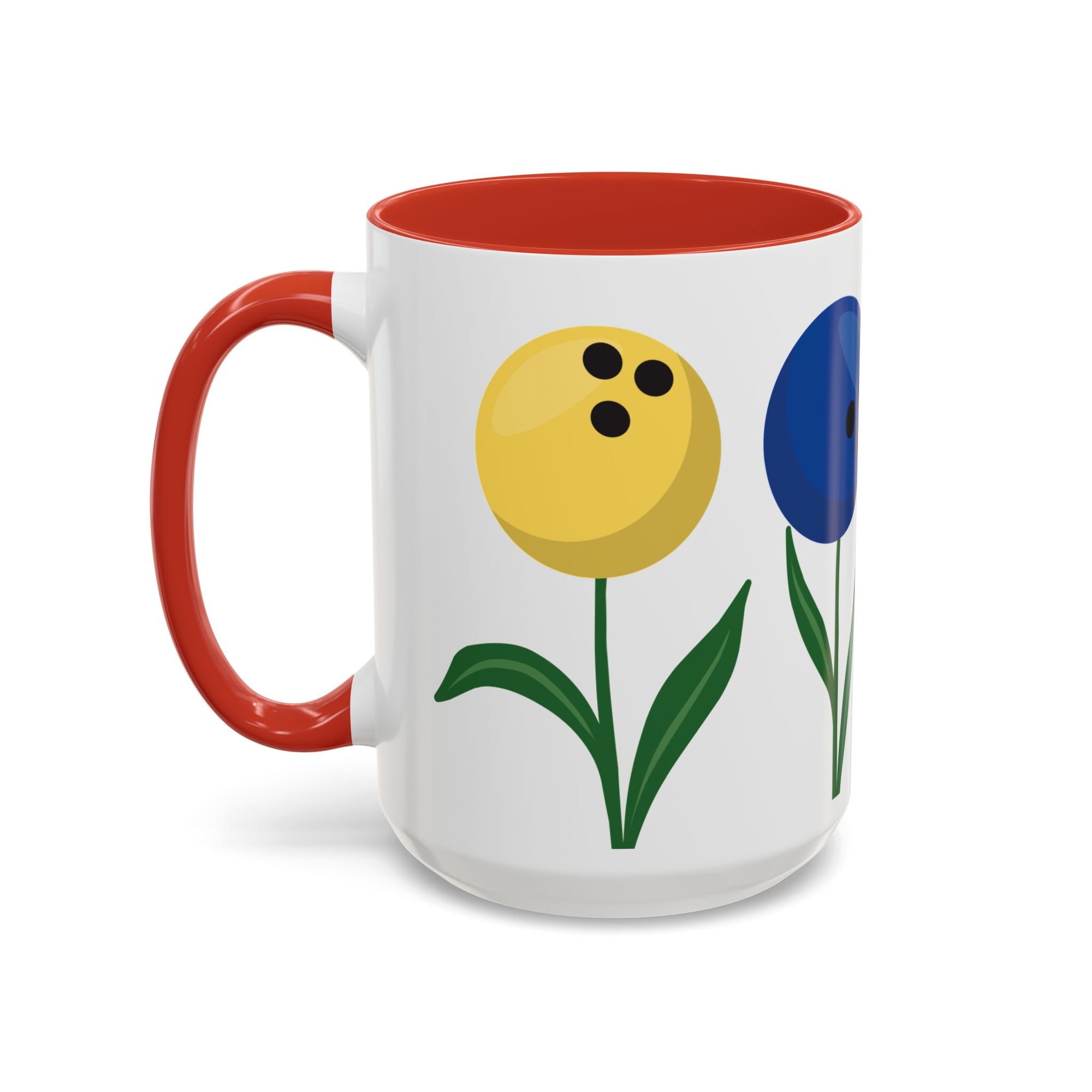 A white ceramic coffee mug with red accents on the handle and interior, with colorful flowers made out of bowling balls, on a white background