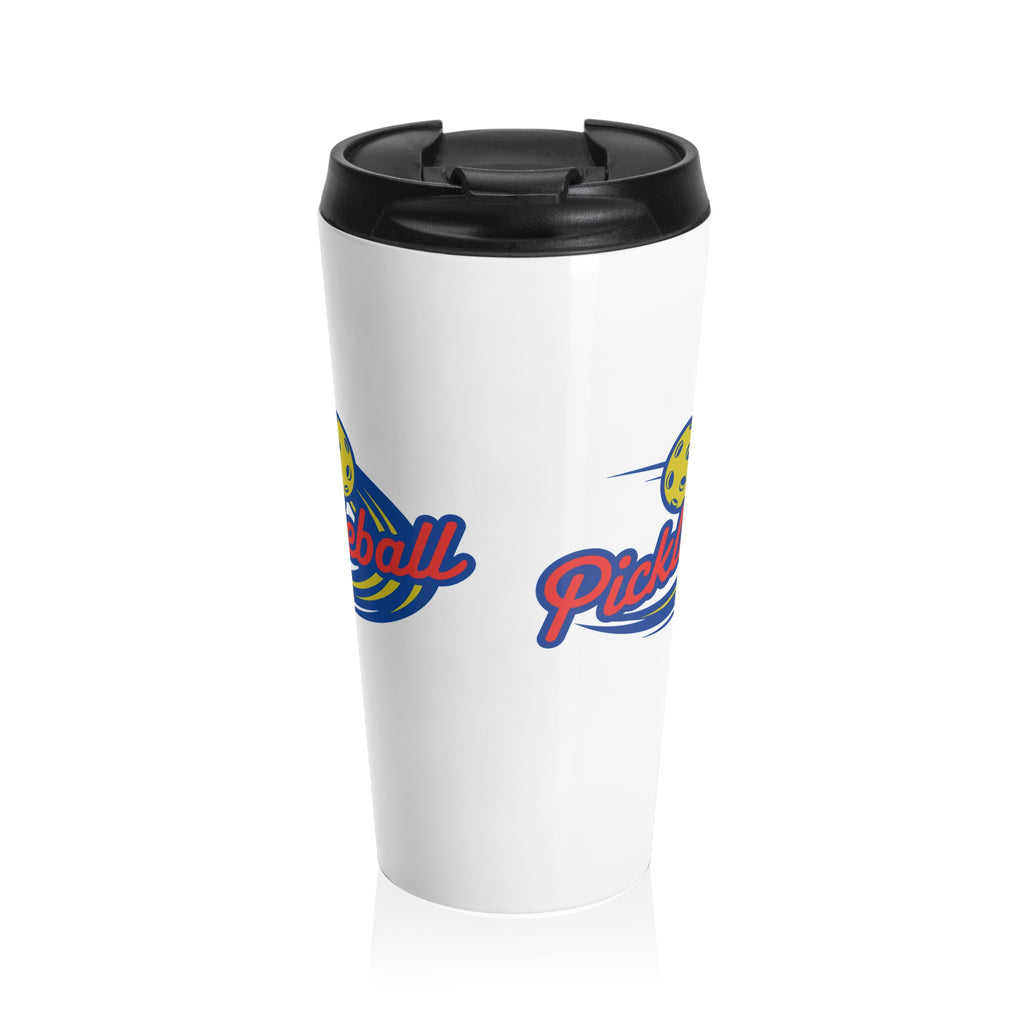 A white travel coffee mug and lid with a classic pickleball logo featuring the word pickleball and a yellow pickleball with motion lines, against a white background
