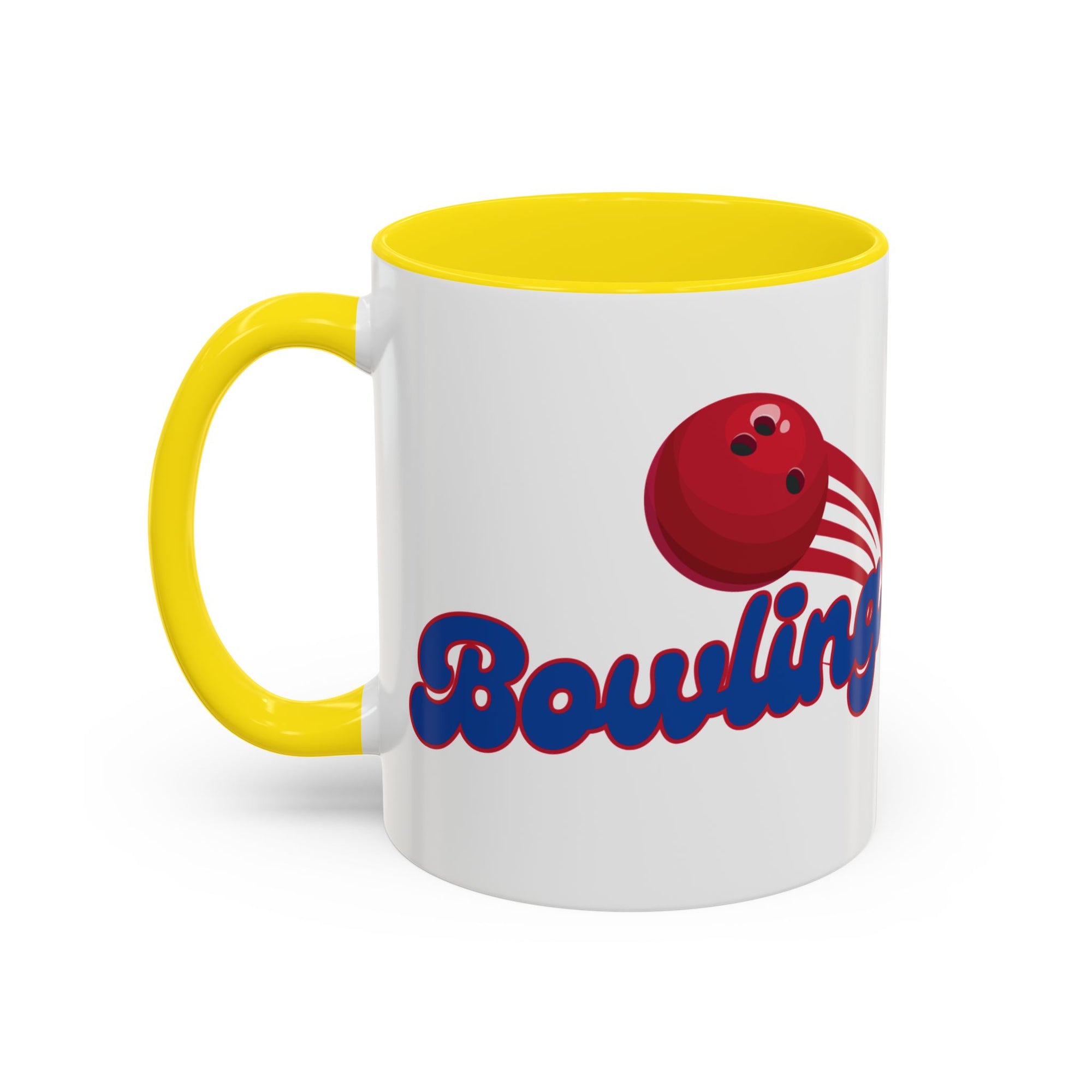 A white ceramic coffee mug with yellow accents on the handle and interior, with a red bowling ball graphic and 'Bowling' text on a white background