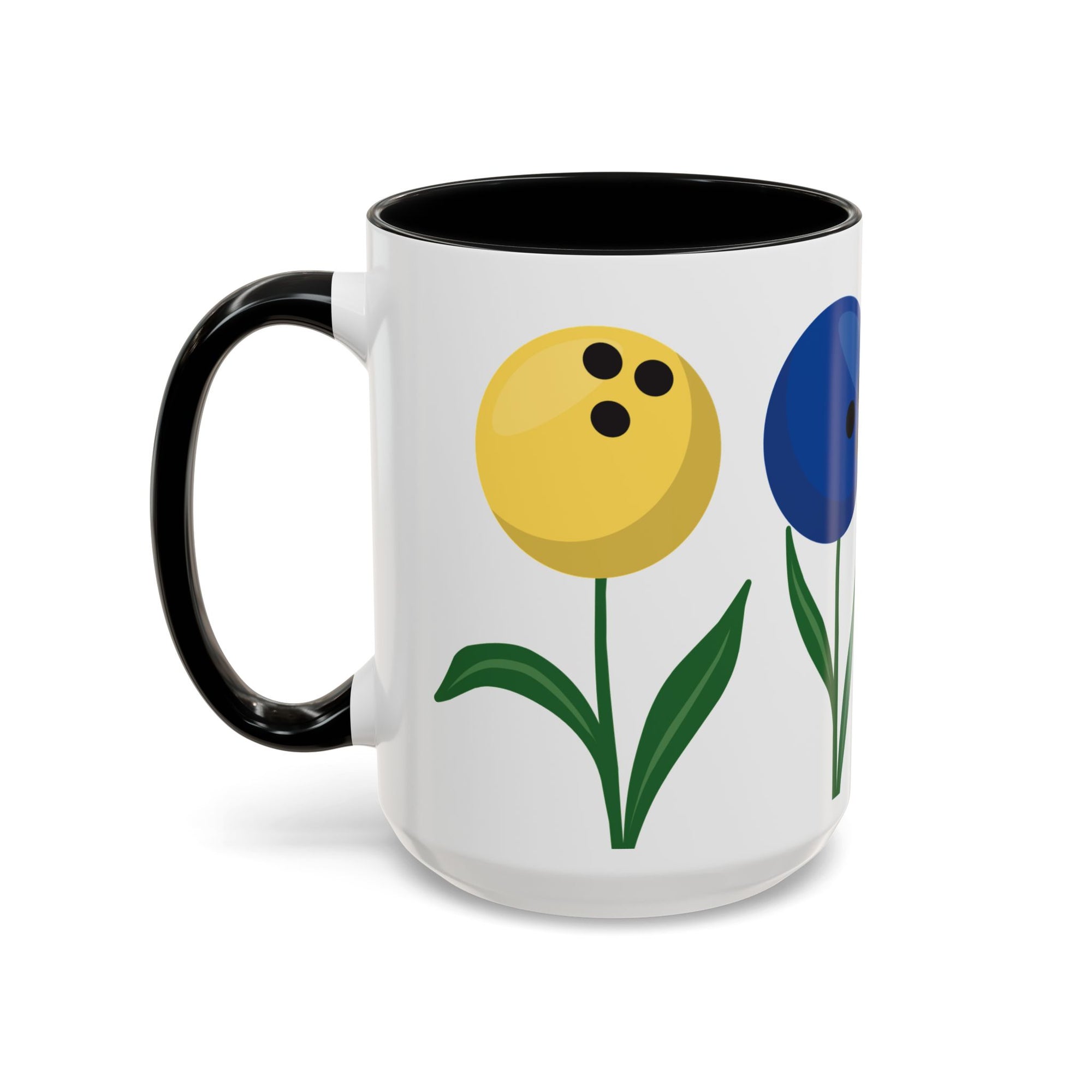 A white ceramic coffee mug with black accents on the handle and interior, with colorful flowers made out of bowling balls, on a white background
