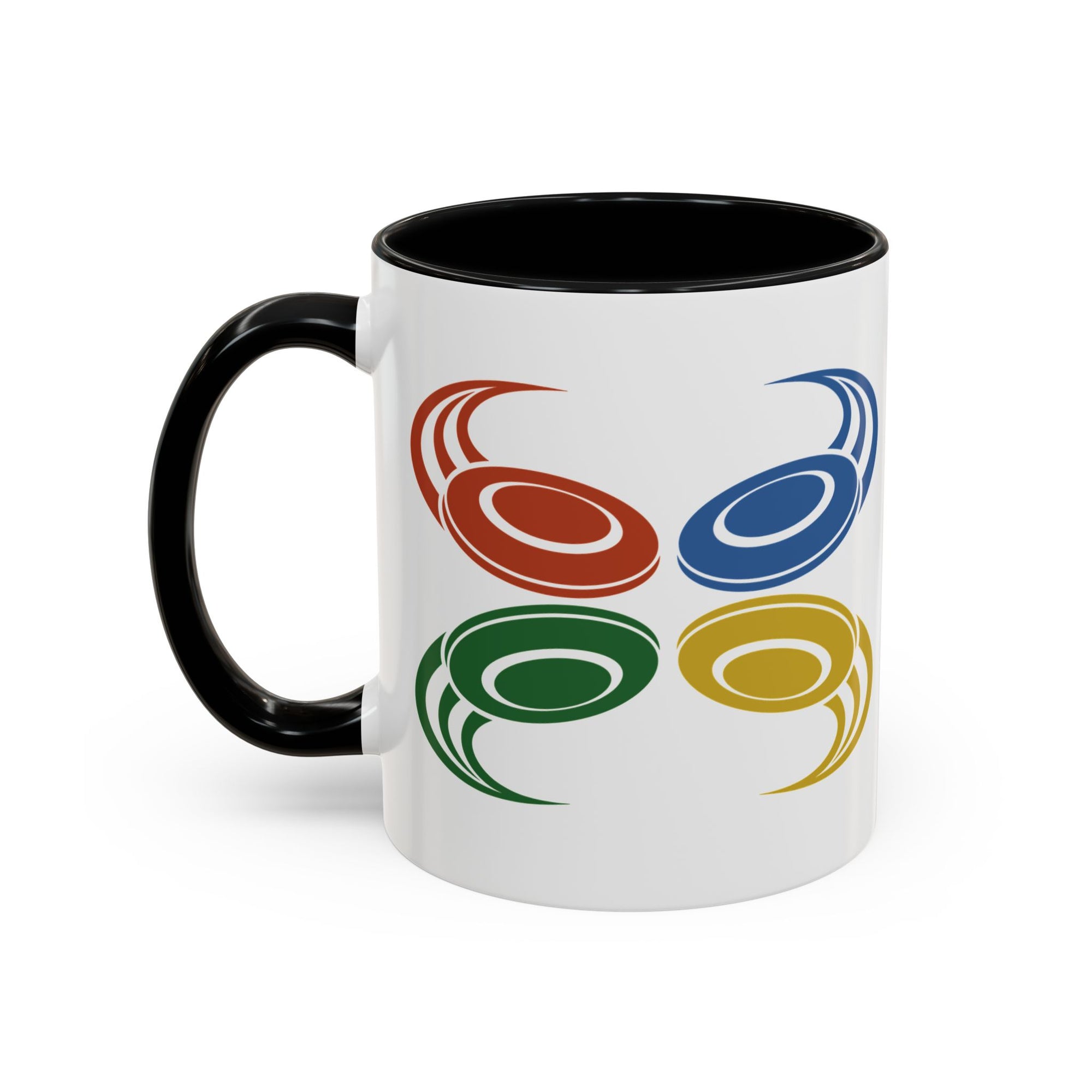 A ceramic mug with black accents on the handle and interior, featuring a graphic of four colorful disc golf discs