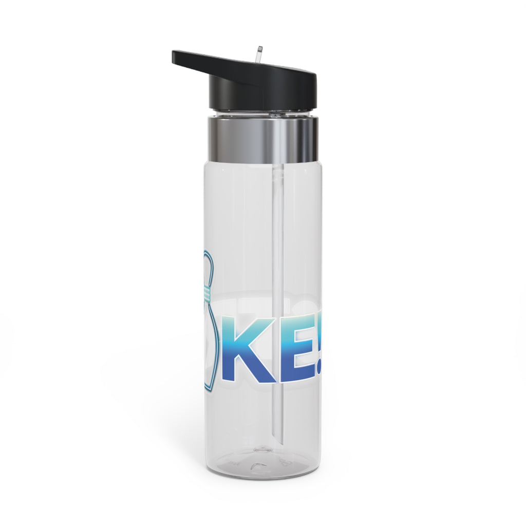 Clear water bottle with black lid, with 'STRIKE!' with the "I" replaced by a bowling pin, on a white background