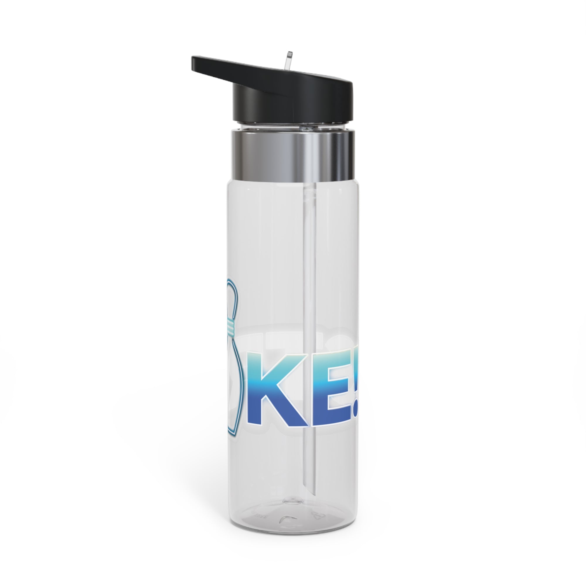 Clear water bottle with black lid, with 'STRIKE!' with the "I" replaced by a bowling pin, on a white background