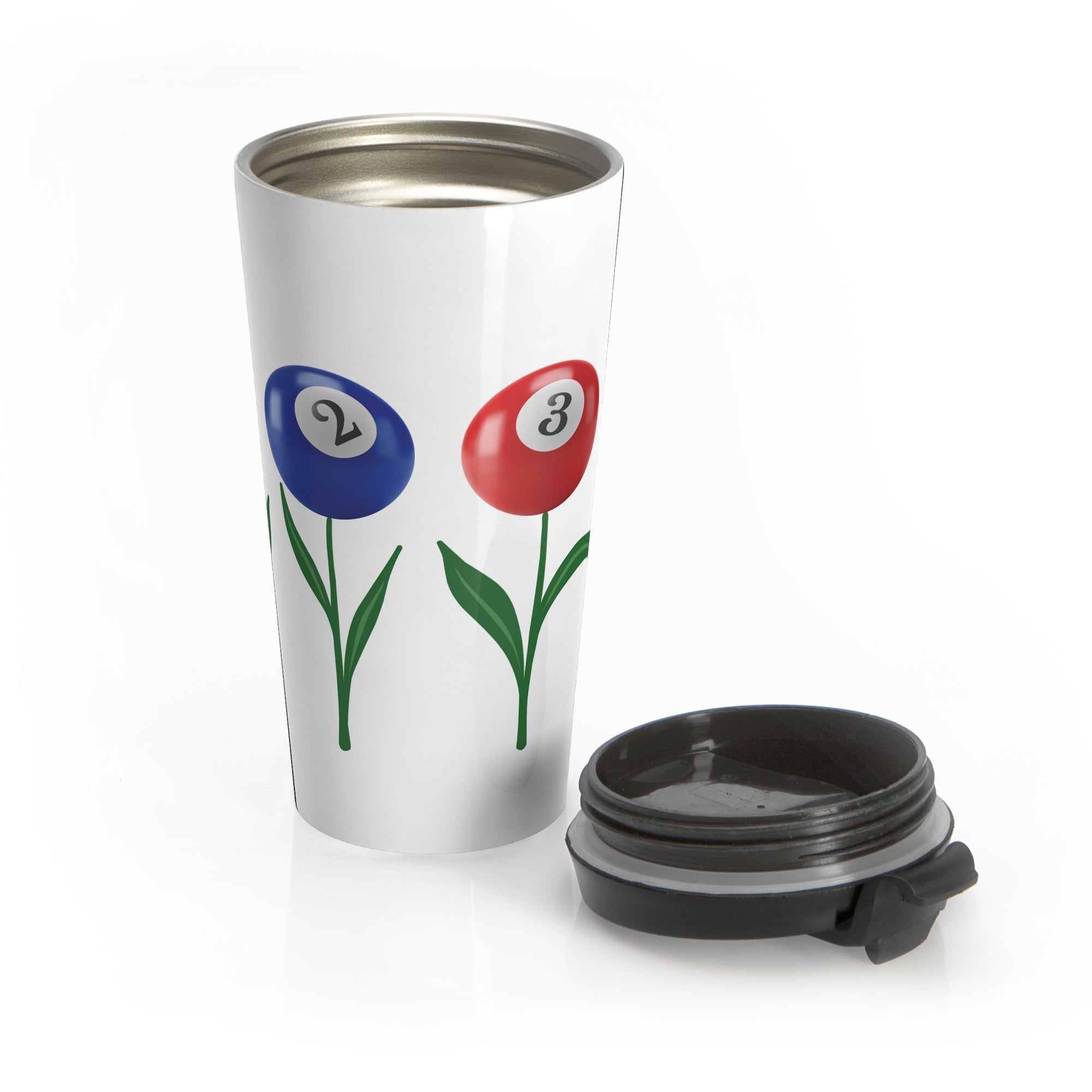 A white travel tumbler with a black lid next to the tumbler, featuring an image with four colorful flowers made out of billiards balls with green stems, on a white background