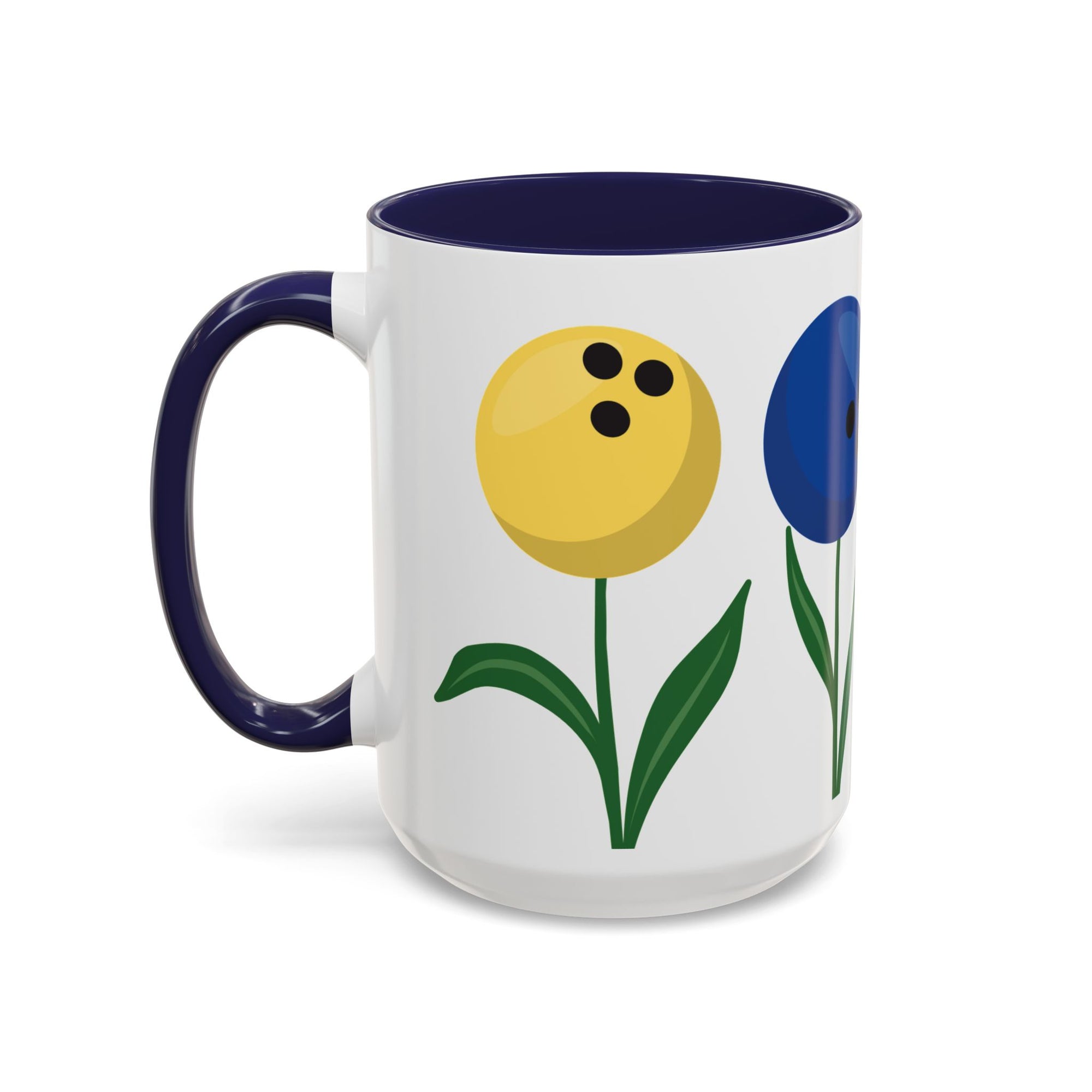 A white ceramic coffee mug with dark blue accents on the handle and interior, with colorful flowers made out of bowling balls, on a white background