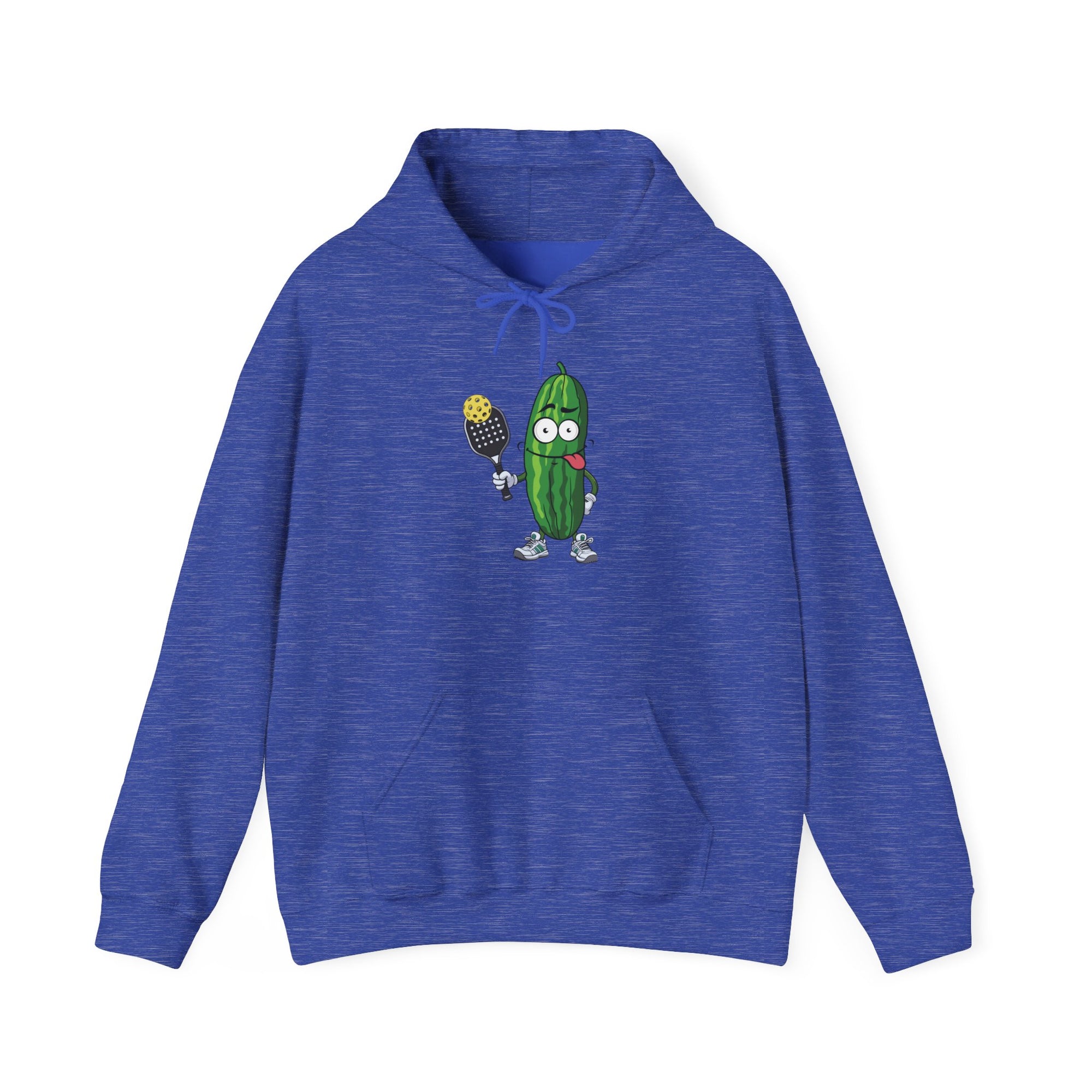 Blue hoodie with a cartoon pickle with googly eyes and his tongue sticking out, holding a pickleball paddle with a yellow pickleball, against a white background
