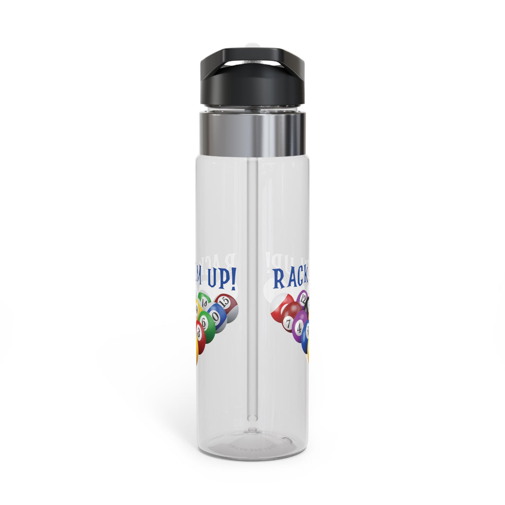 Clear water bottle with lid, with racked pool ball design and 'Rack 'Em Up!' text, against a white background