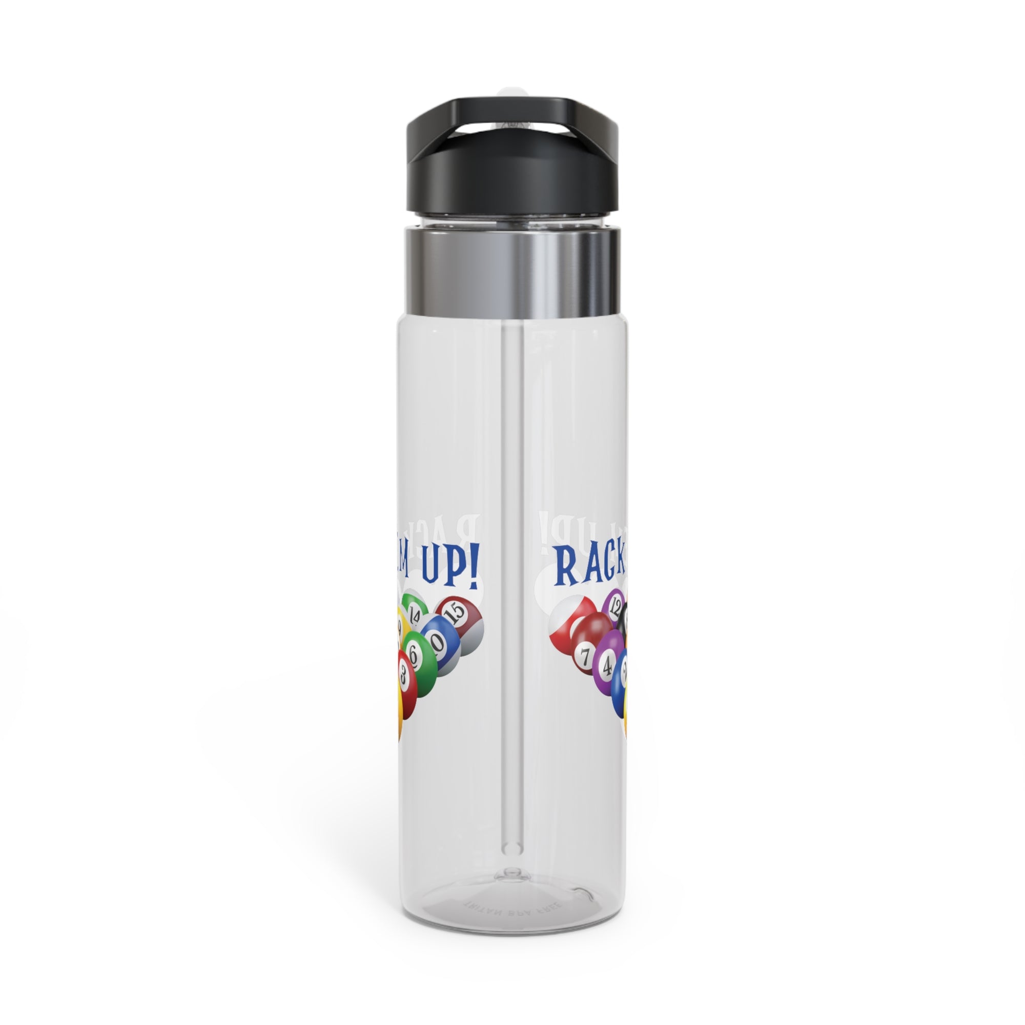 Clear water bottle with lid, with racked pool ball design and 'Rack 'Em Up!' text, against a white background