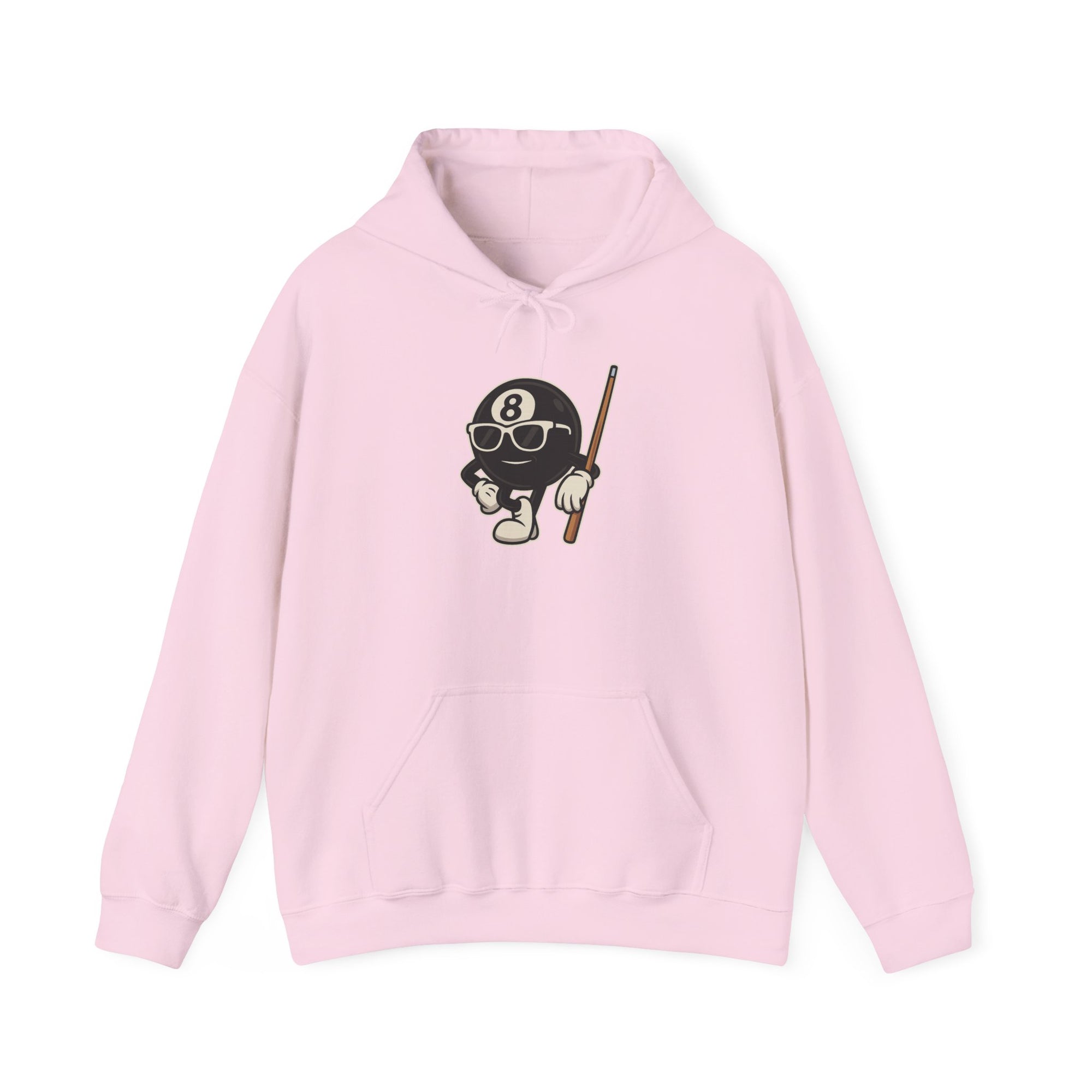Pink hoodie with a graphic of a cartoon billiards 8 ball with arms and legs and wearing sunglasses and leaning on a cue stick, on a white background