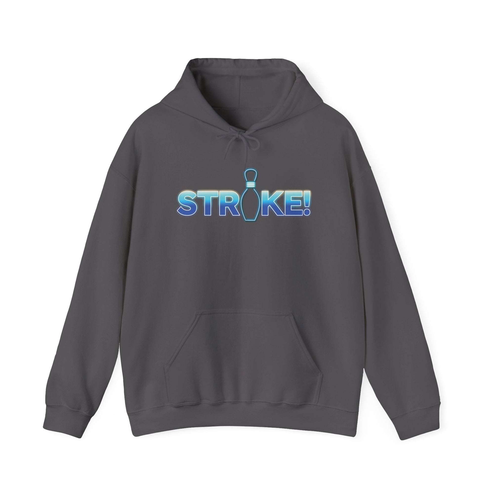 Dark gray bowling hoodie with 'STRIKE!' with the "I" replaced by a bowling pin, on a white background 