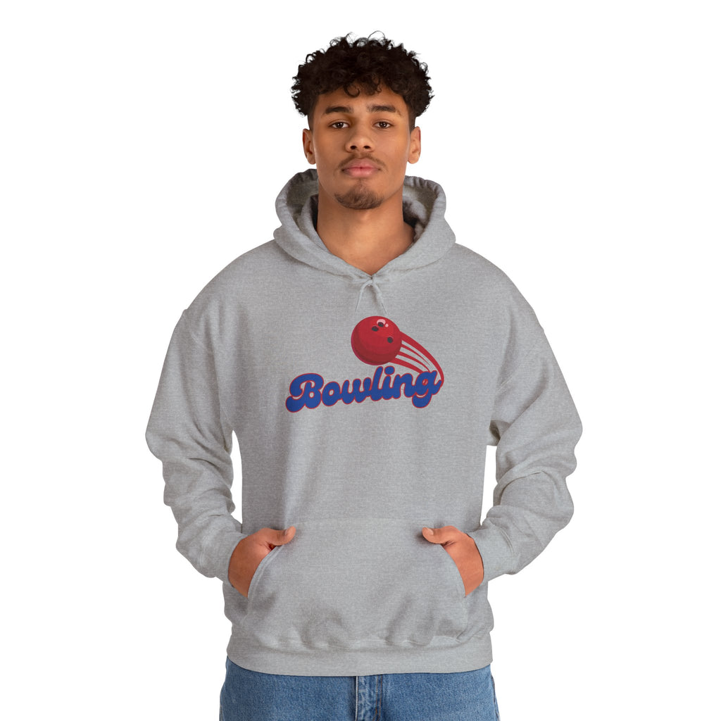A man wearing a gray hoodie with a red bowling ball graphic and 'Bowling' text on a white background