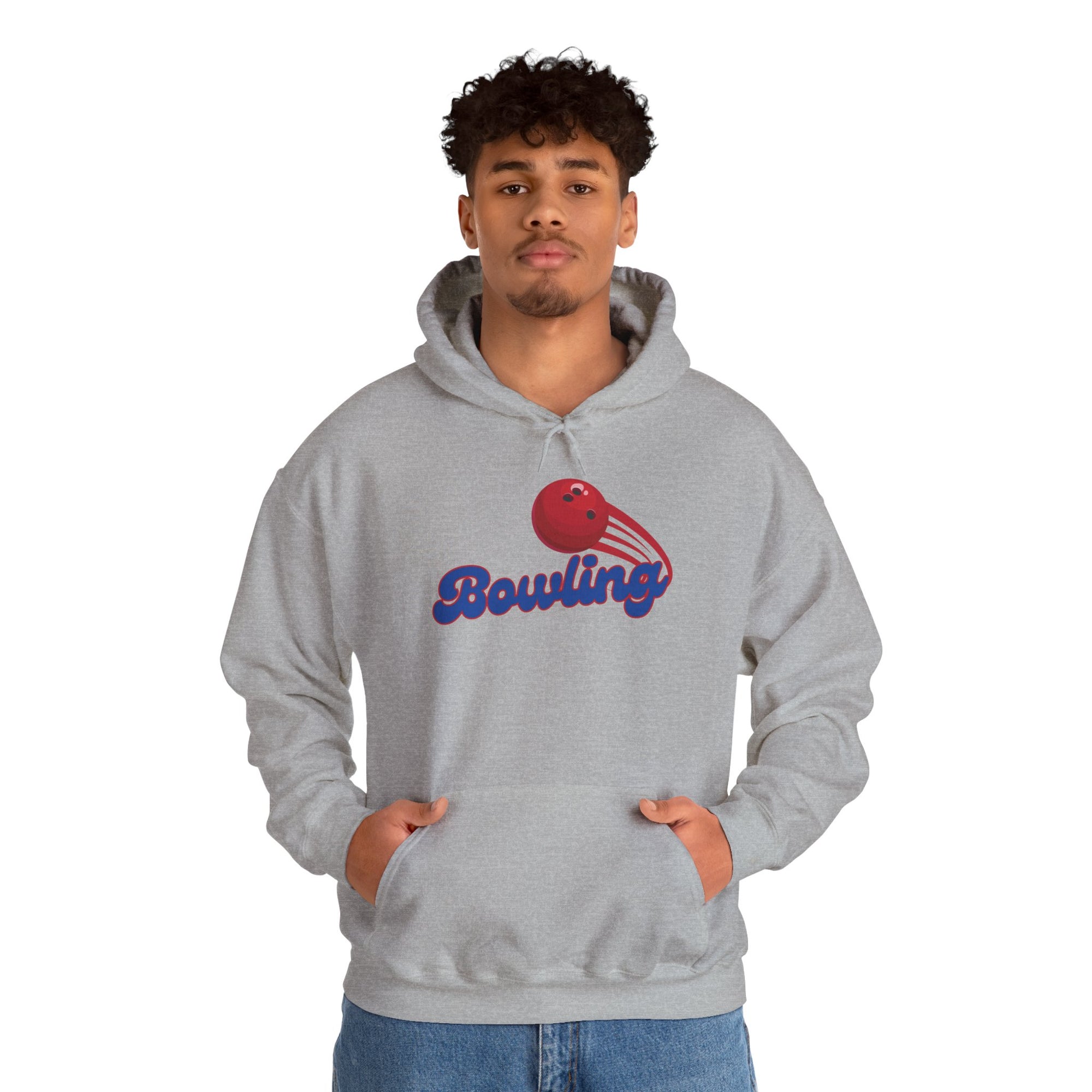 A man wearing a gray hoodie with a red bowling ball graphic and 'Bowling' text on a white background