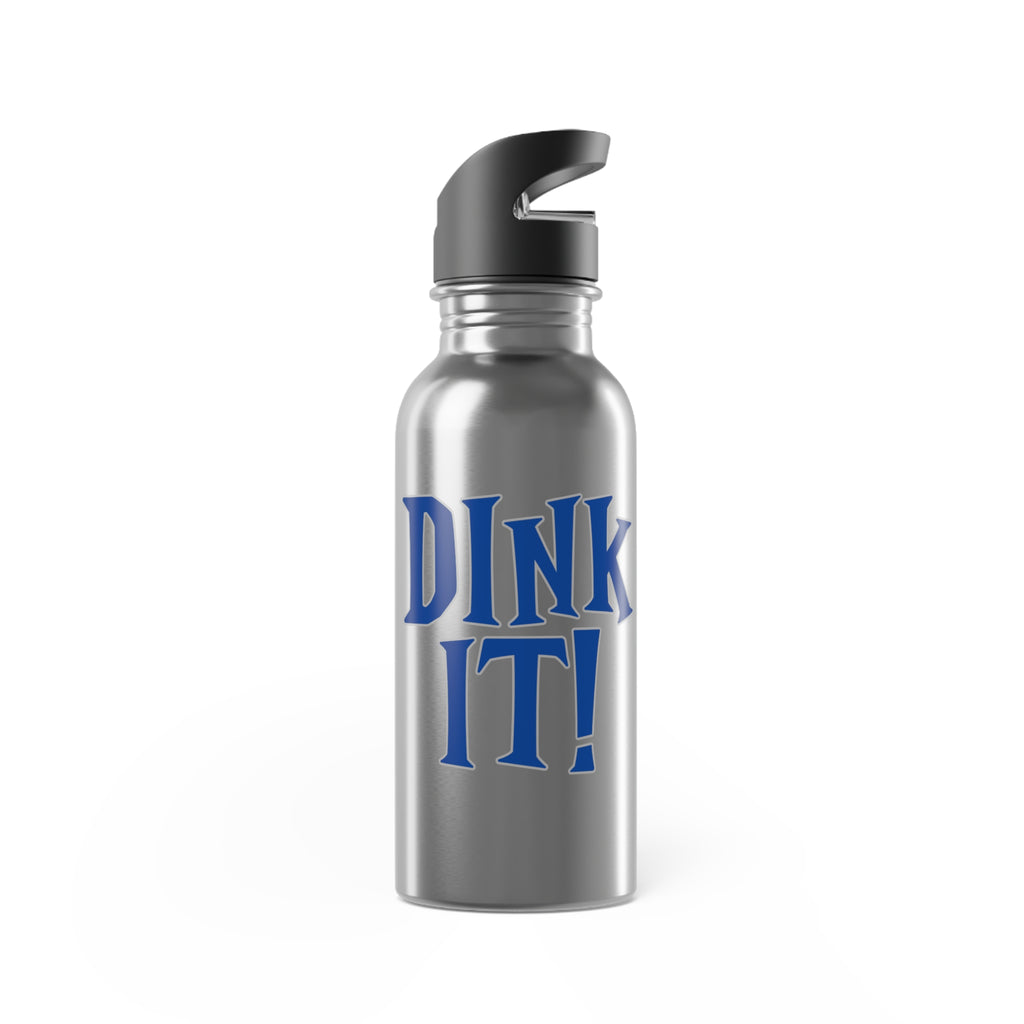 A stainless steel water bottle with lid featuring the words 'DINK IT!' text in blue and outlined in gray, against a white background